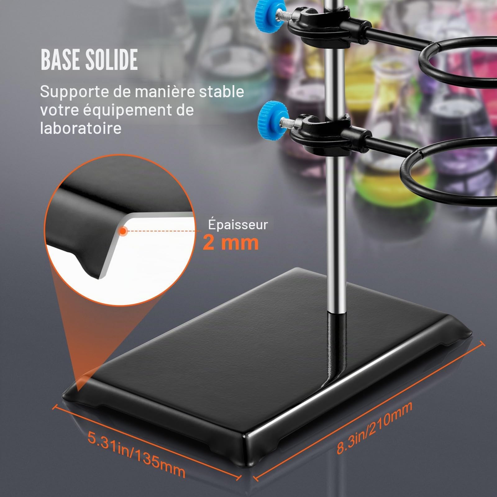 VEVOR Support de Retort Laboratoire 6 Pinces 3 Cerceaux, Kit de Support Lab 60CM, Base Stable pour Verrerie Chimique
