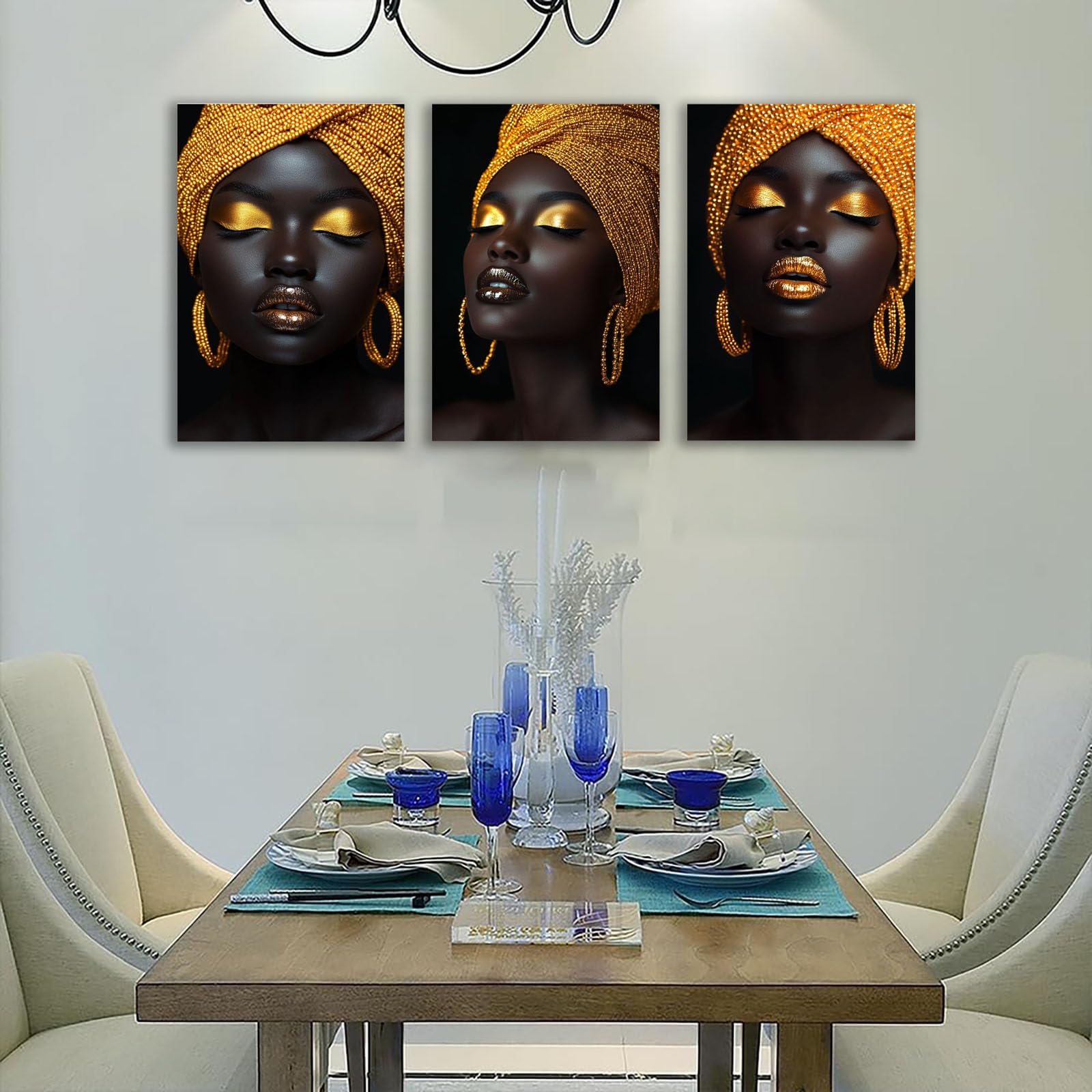 TZKRWRH Set de 3 Marco Cuadros Decoracion Salon Mujer Negra y Dorada Modernos Abstracto Cuadro Decorativos, Mujer Impresiones Sobre Lienzo posters（Oro 5-60x90cmx3 Sin marco