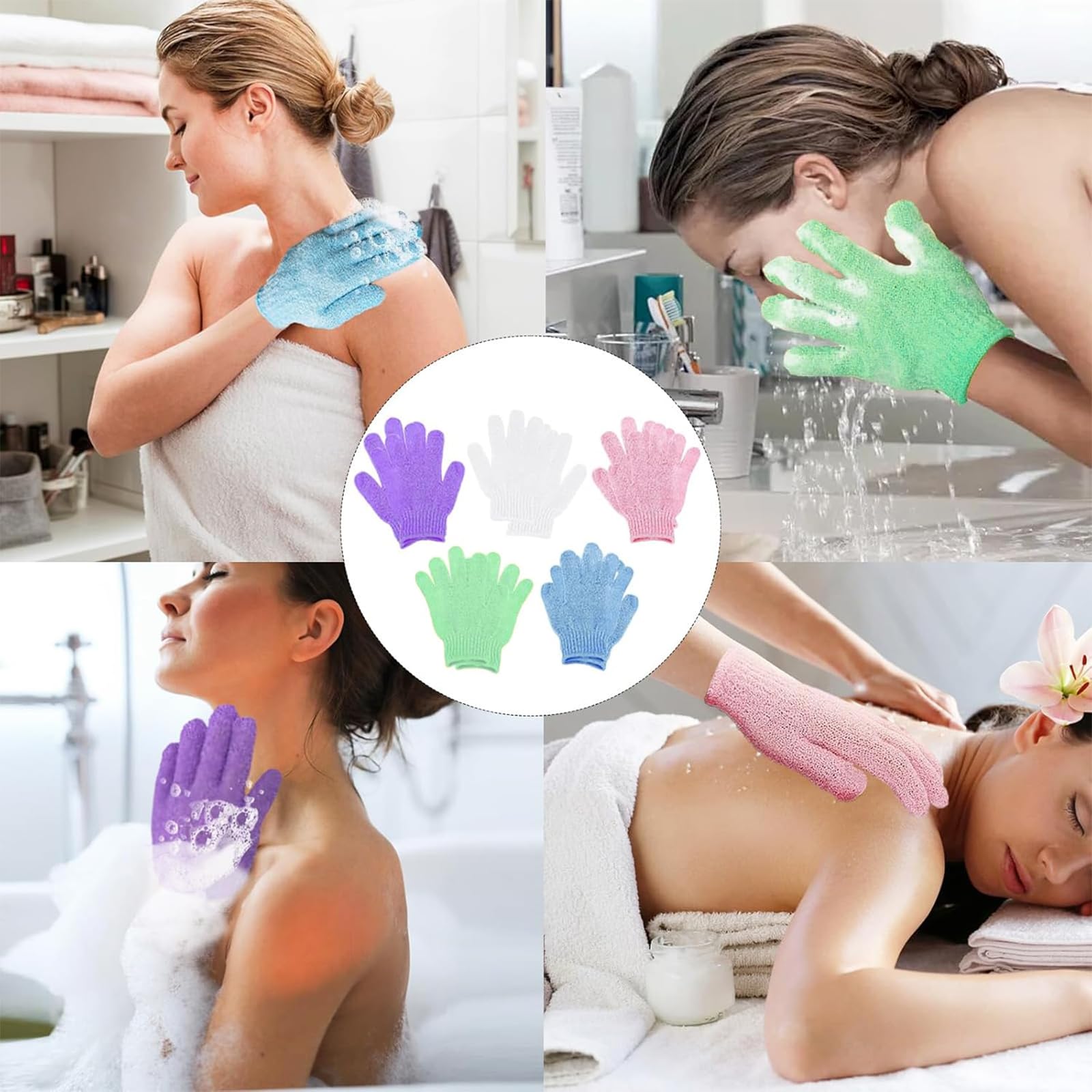 KEYRI Lot de 10 Gant Exfoliant Corps, Gants Gommage Corps Doux Gant Exfoliant Visage pour Hommes Femmes Et Enfants Gants De Bain à Cinq Doigts pour Exfoliation Douche (Blanc+Rose+Violet+Vert+Bleu)
