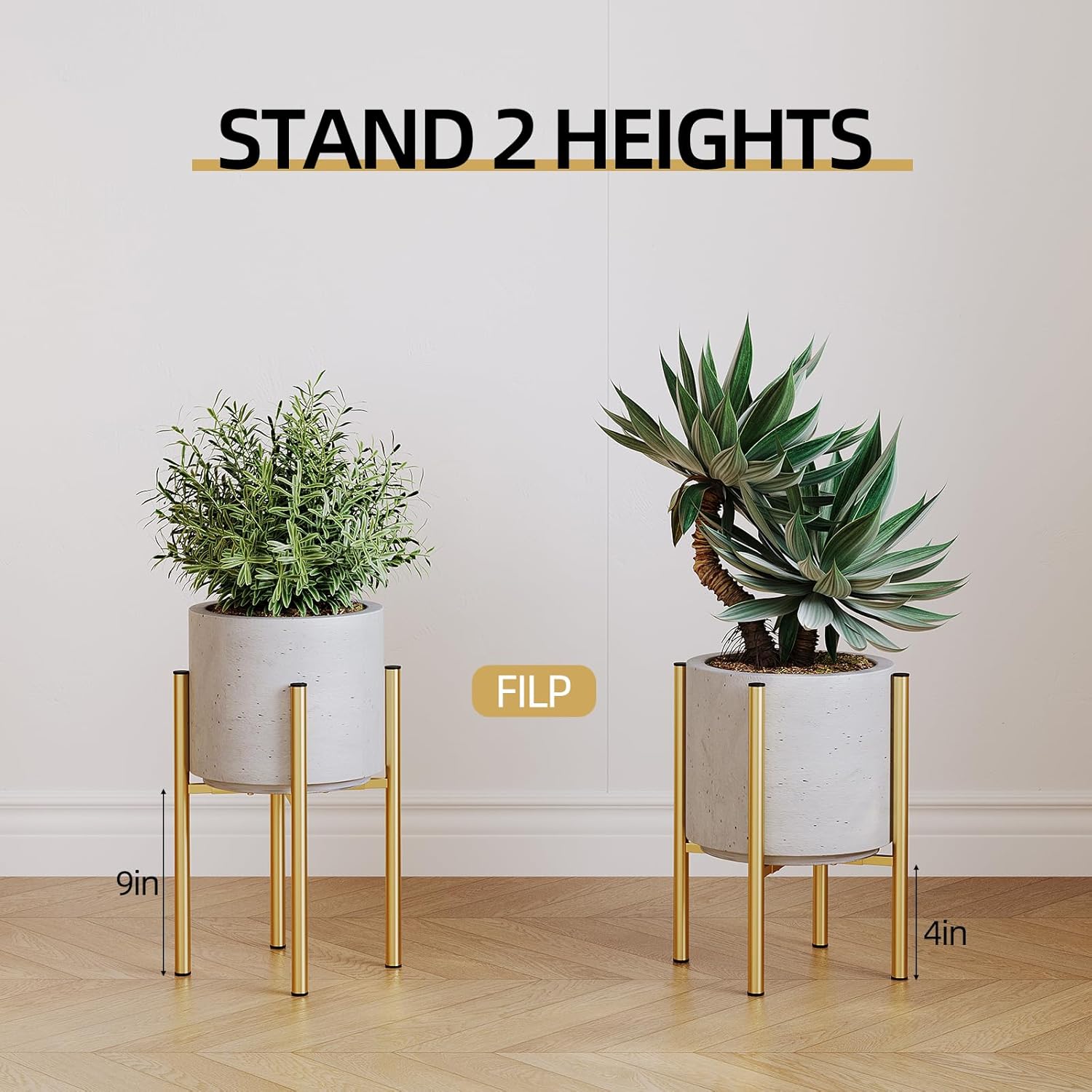 Plant Stand Indoor for 2 Height Options ,Mid Century Modern Outdoor Planter Holder,Corner Plant Stand Capacity of 160LB for 8 to 14 Inch Pots Golden with Round Plate
