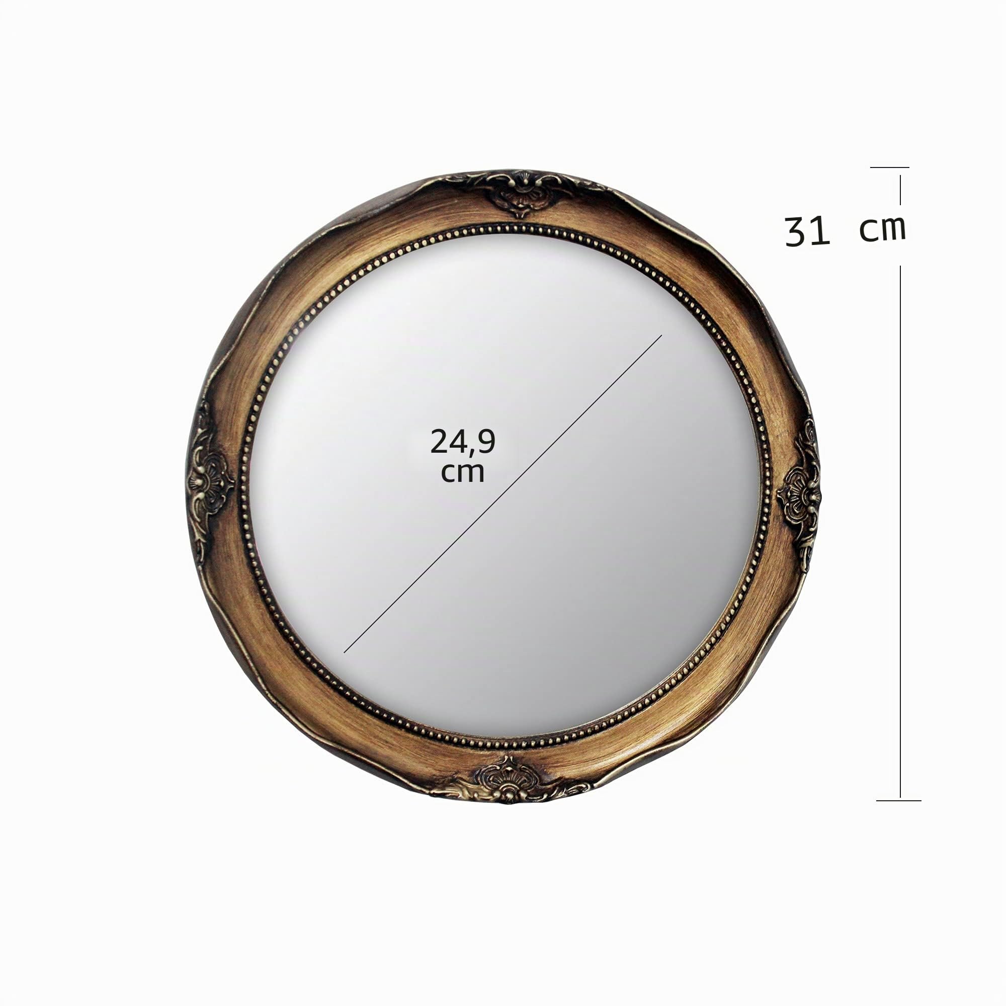 Funerom Vintage Wandspiegel zum Aufhängen, 31 cm, rund, Antikgold
