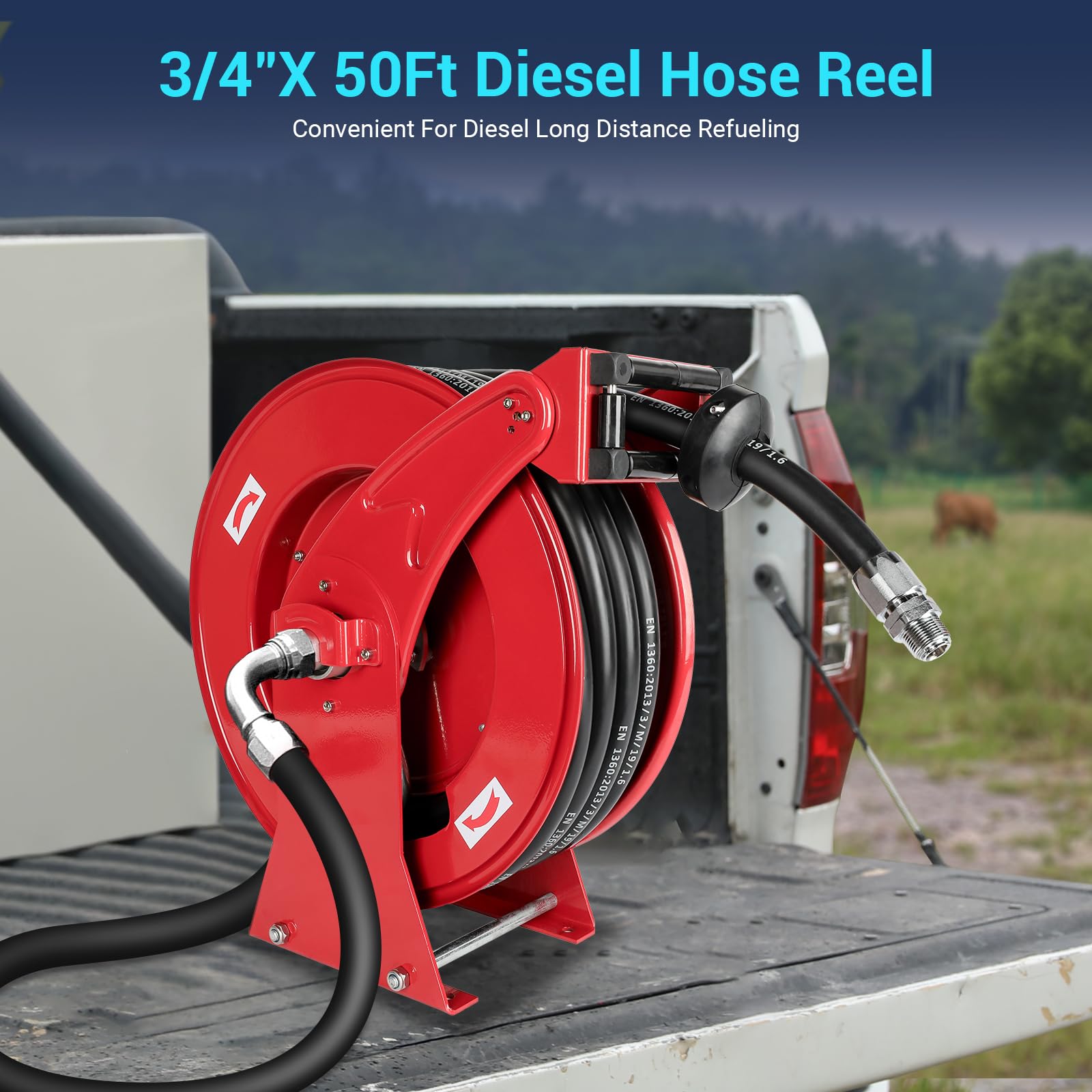 Fuel Diesel Hose Reel Retractable 3/4 inch x 50ft,Spring Driven Automatic Rewind,300 PSI Industrial Heavy Duty Steel Construction Auto Swivel Reels for Truck Farm Aircraft Ship Vehicle Tank Trailer
