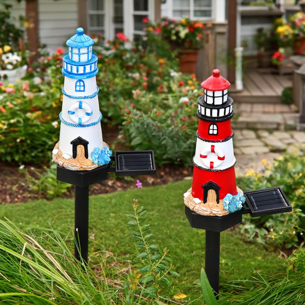 2 Packungen von solarbetriebenen roten und blauen Leuchtturm Bodenlampen, Garten dekoratives Harz niedliche Leuchtturm Lampen,Drahtlose Dämmerung bis Dämmerung LED-Lichter wasserdicht.