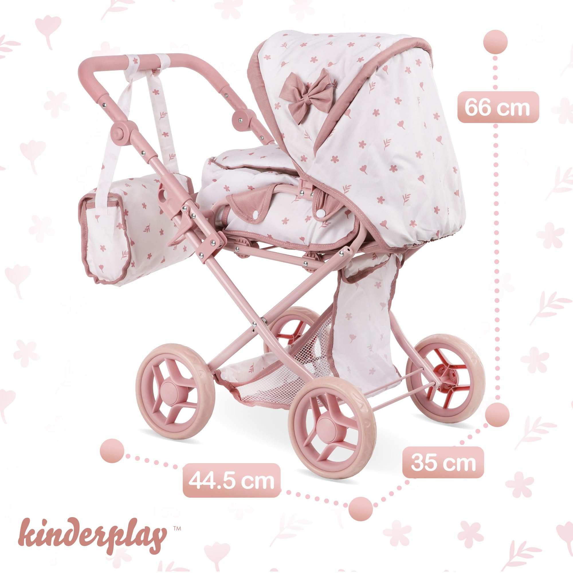 Kinderplay Cochecito de muñecas 3 en 1 Rosa con Bolsa de Transporte – Cochecito de muñeca Ajustable de 36,5 – 64 cm, Plegable, Ruedas de Espuma silenciosas, para muñecas de hasta 40 cm, a Partir de 3