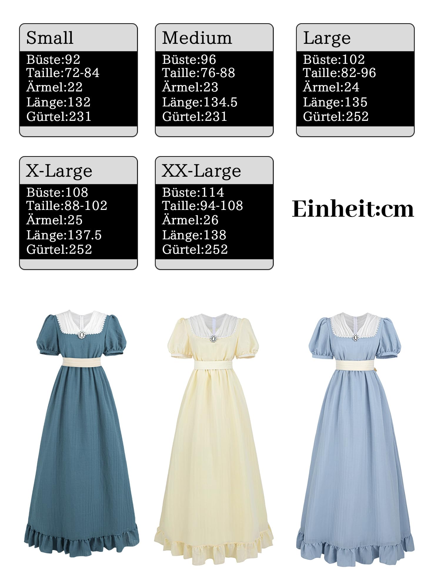 Regency Robe longue vintage pour femme avec manches bouffantes - Style empire - Robe d'été avec ceinture et broche de poitrine - Robe de bal cosplay avec gants