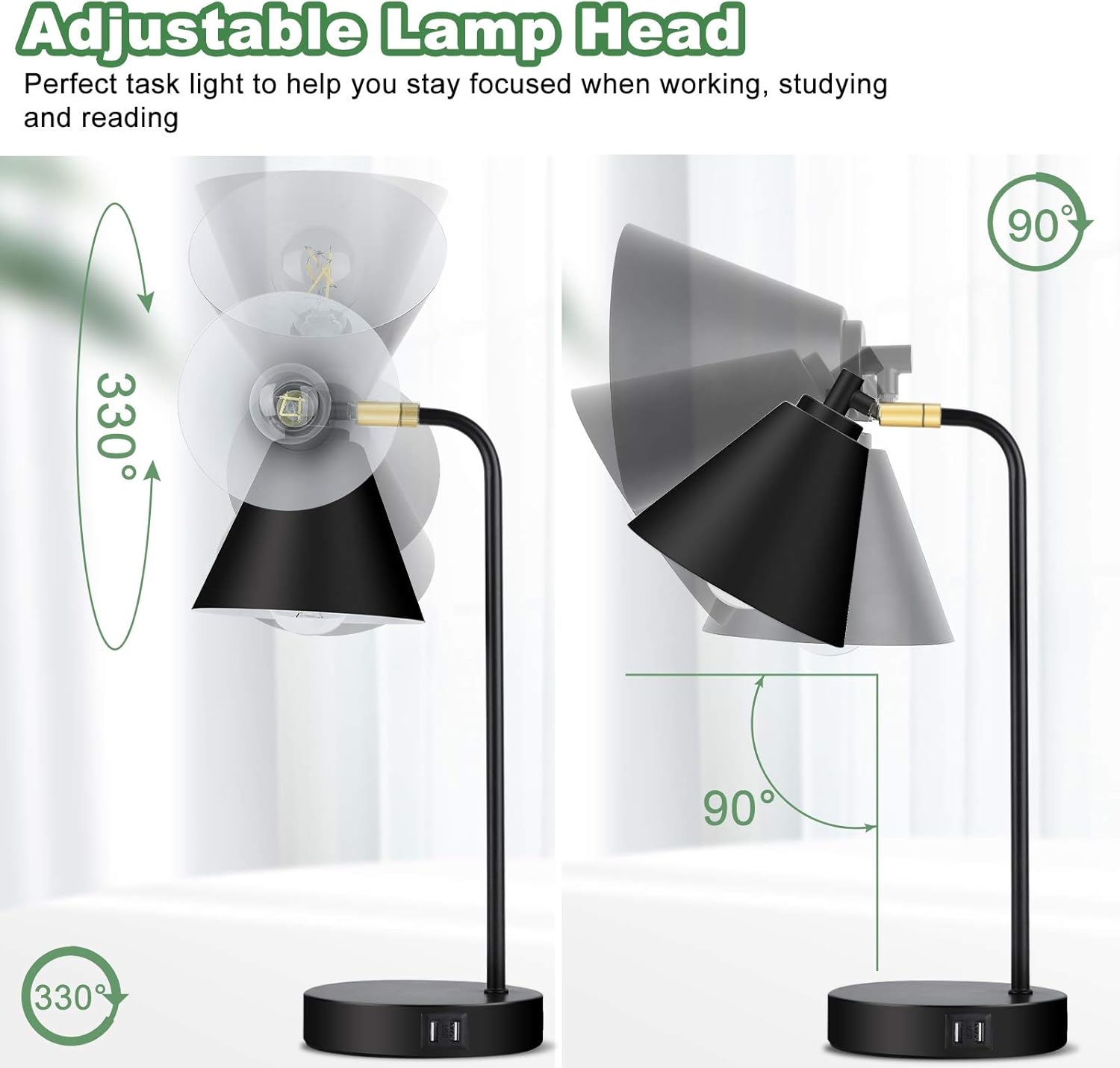 Industrial 3 Way Dimmable Touch Control Desk Lamp with 2 USB Ports & AC Outlet Bedside Nightstand Reading Lamp Flexible Head Farmhouse Black Table Lamp for Office Bedroom Living Room Bulb Included - - 
