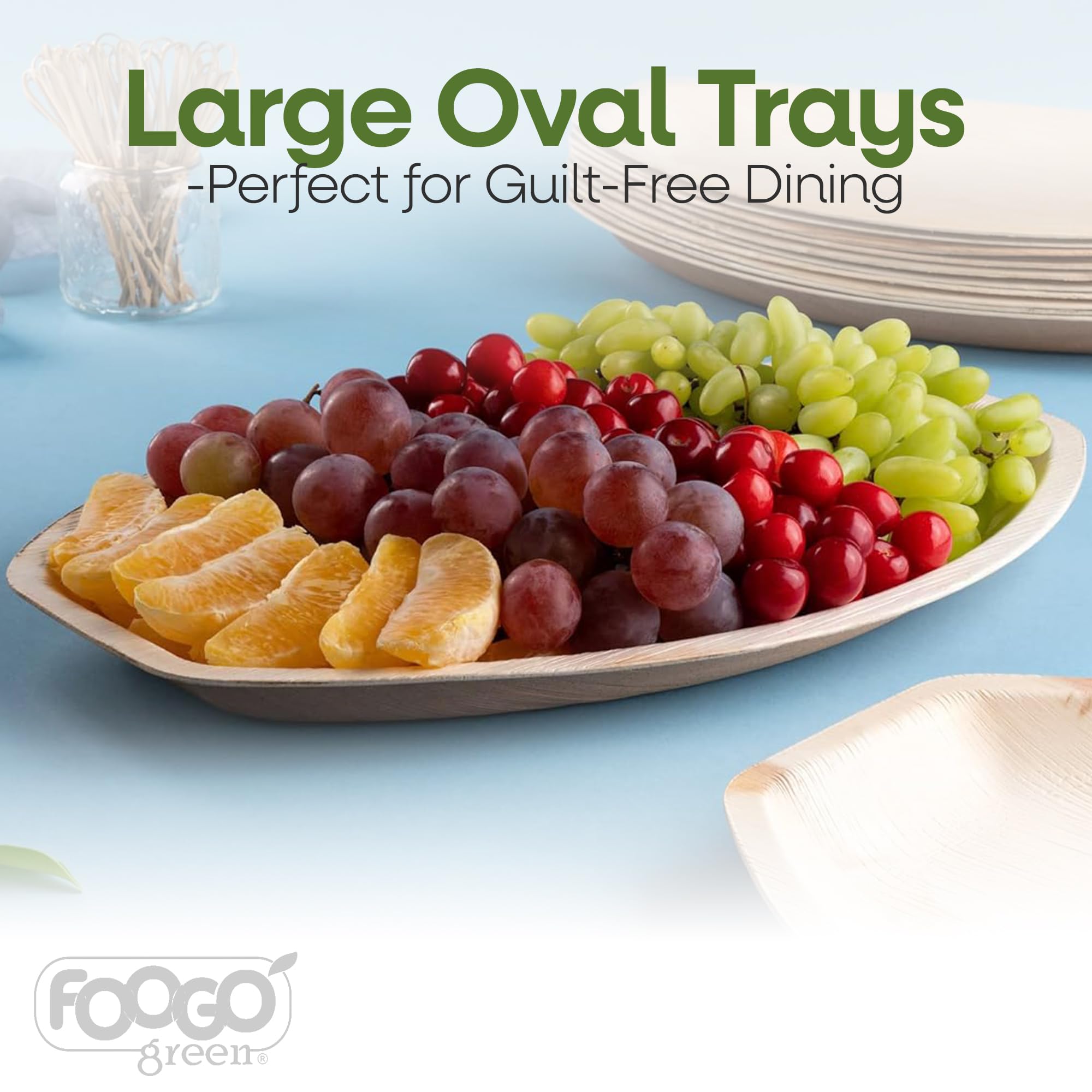 FOOGO Green 50 Bandejas Hoja de Palma Ovaladas Grandes 35x25cm Desechables | Biodegradables, Compostables, Pizza, entrantes, canapés y charcutería, Como bandejas de madera, Resistentes, Ecológicas