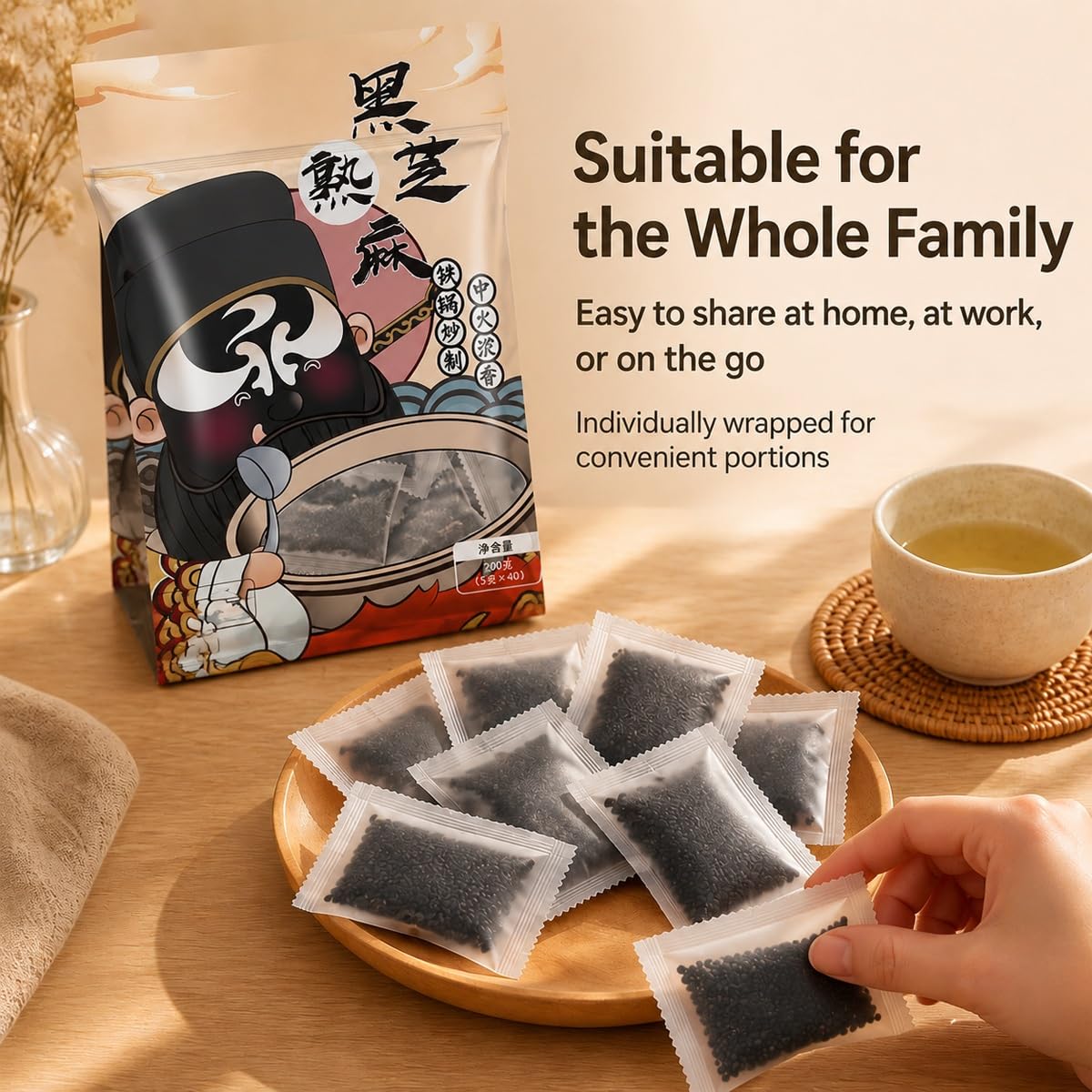 Semillas de Sésamo Negro Tostado Puro 200g - 40 Bolsitas Individuales | Condimento listo para comer. Porciones en sobre, crujiente para ramen, ensaladas, bento y guarniciones.(3pcs)