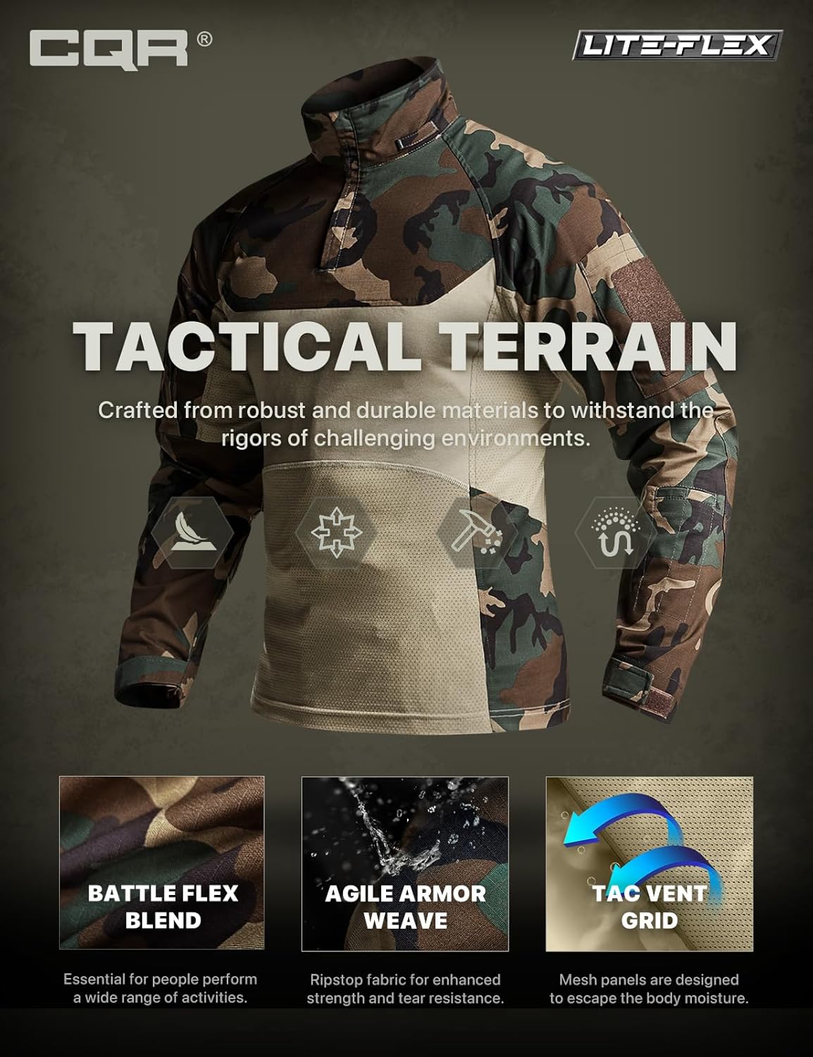 CQR Men's Combat Shirt Tactical 1/4 Zip Long Sleeve Military BDU Shirts Camo EDC Top with Pockets - Image 6