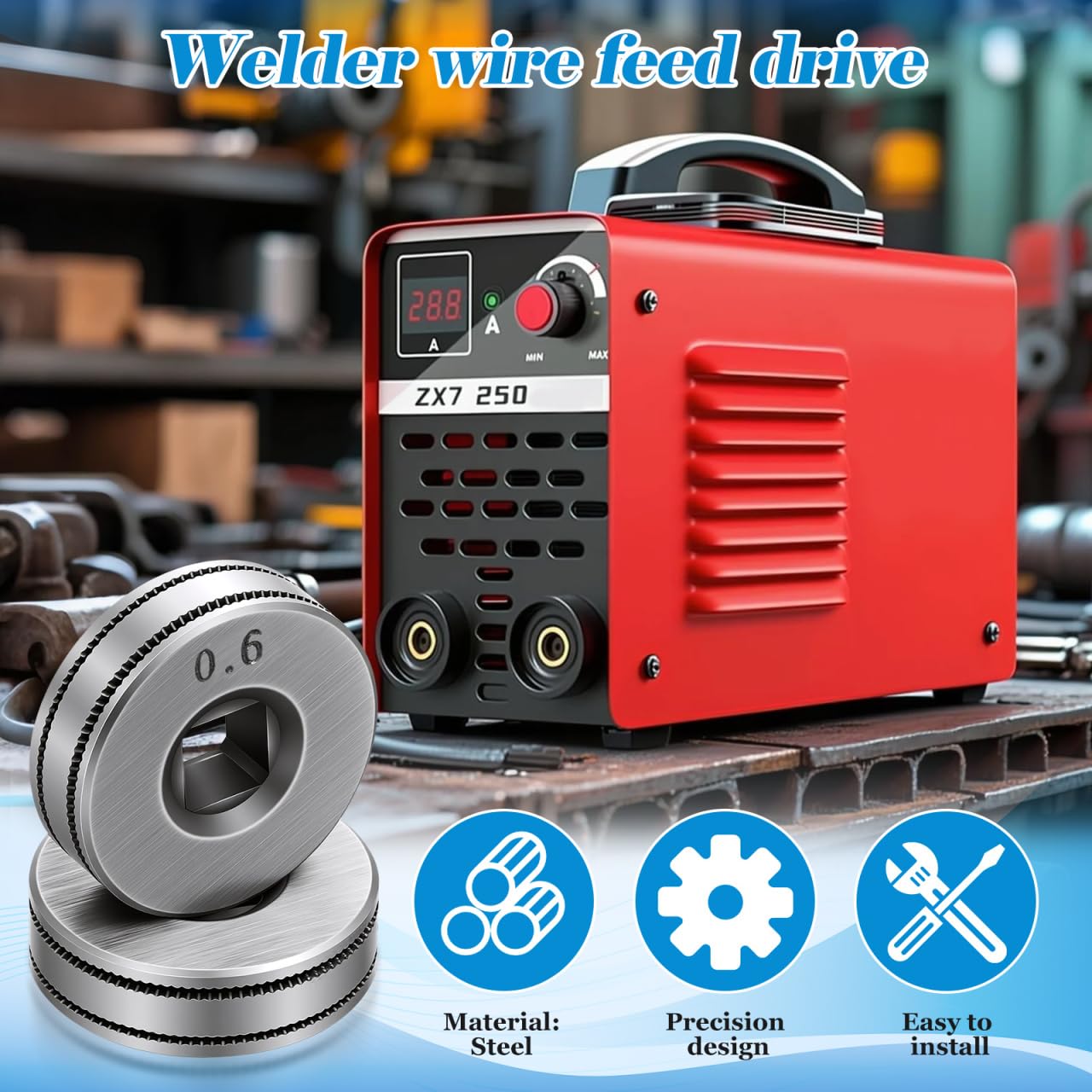 VILLCASE 2pcs 0.6/0.8mm Wire Feed Drive Rollers Roll Wheels, Square Hole Knurled K-Groove for SSJ16 Wire Feeder, Gasless Flux Cored MIG Welder Accessories Steel — Amazon image 8