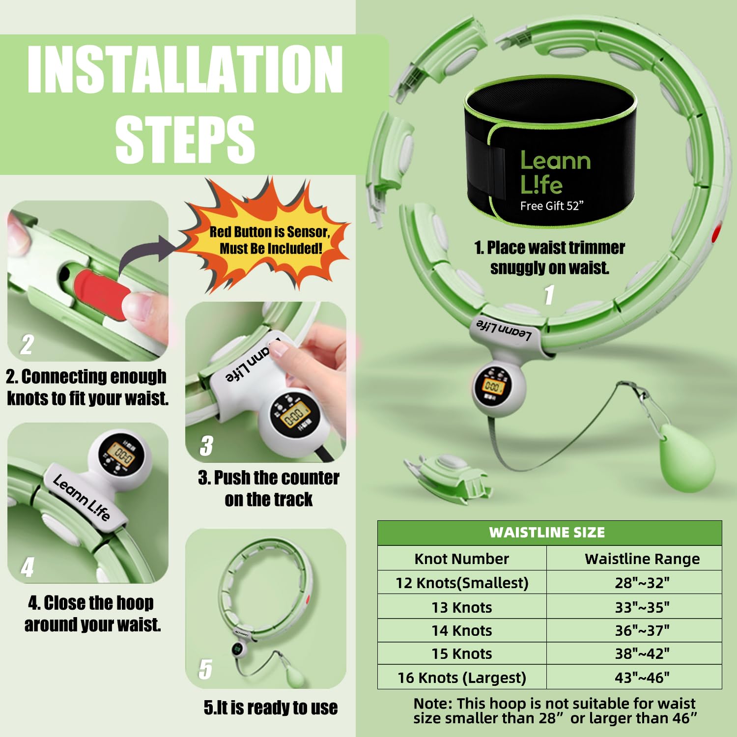 U5 Smart Weighted Hula Hoop mit Zähler & Taillentrimmer - 16 Knoten, 71,1 cm - 116,8 cm verstellbarer Infinity Hoop Übergröße, leise gummierte Räder, Bauchmuskeltraining, Fitness