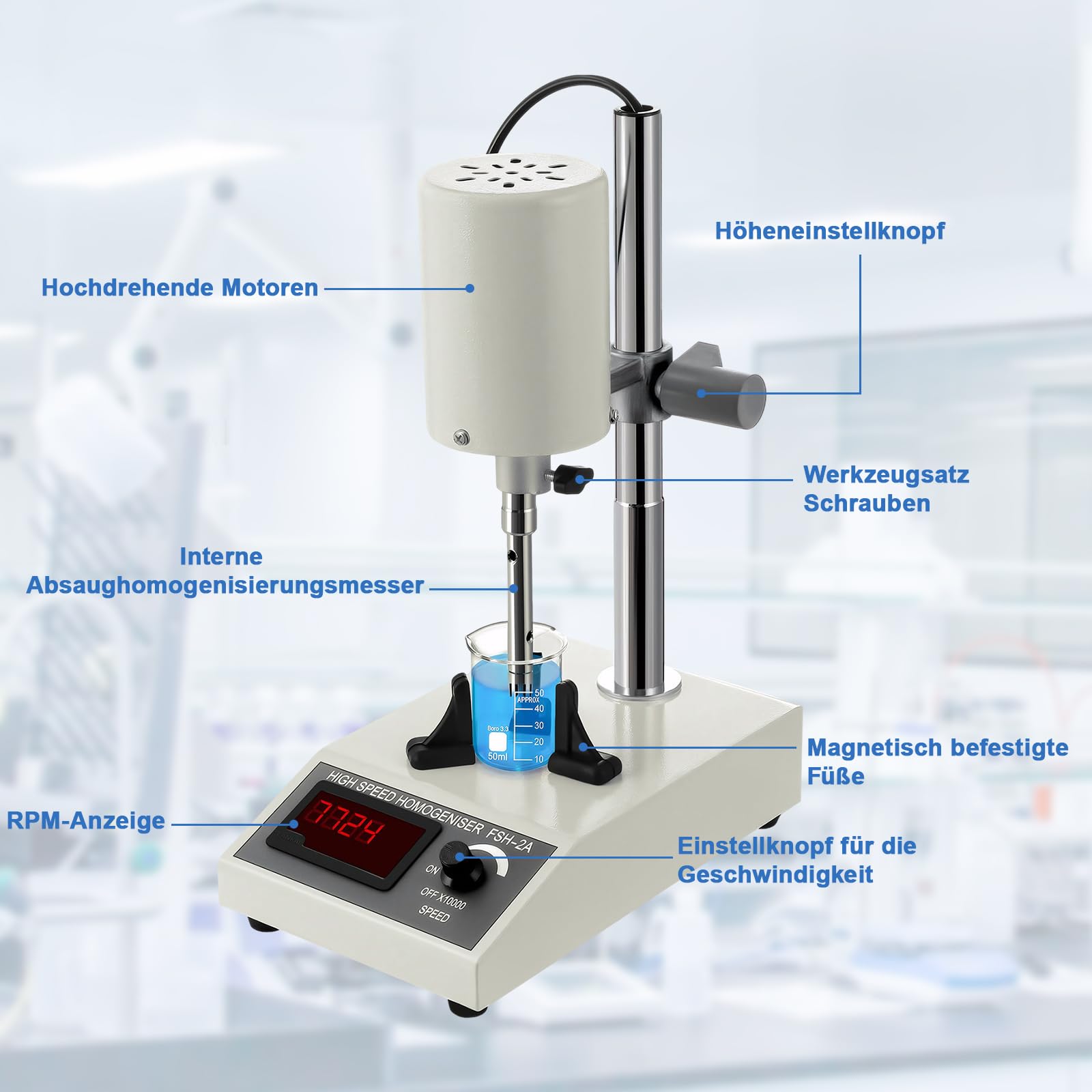 Homogeneizador ajustable de alta velocidad, emulsionante dispersante de laboratorio, 8000 a 22000 rpm con pantalla digital, altura regulable de 5 a 500 ml para medios, dispersión celular, cosméticos