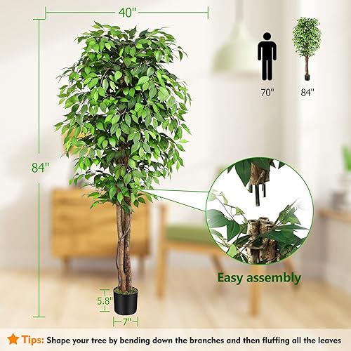 Miniatura 4 de Keeplush Árboles artificiales de ficus grandes de 7 pies con troncos curvados naturales, árbol sintético exuberante de 84 pulgadas de alto para