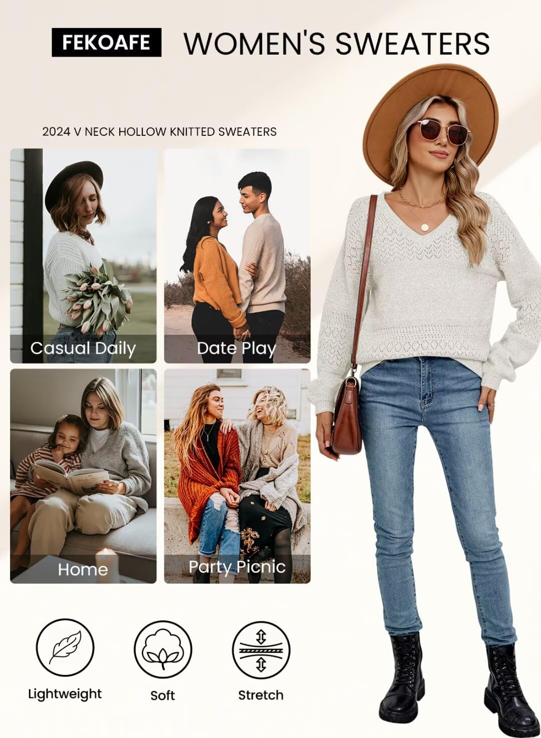 FEKOAFE Womens Sweaters 2026 Fall V Neck Long Sleeve Hollow Knit Pullover Sweaters for Women - Image 6