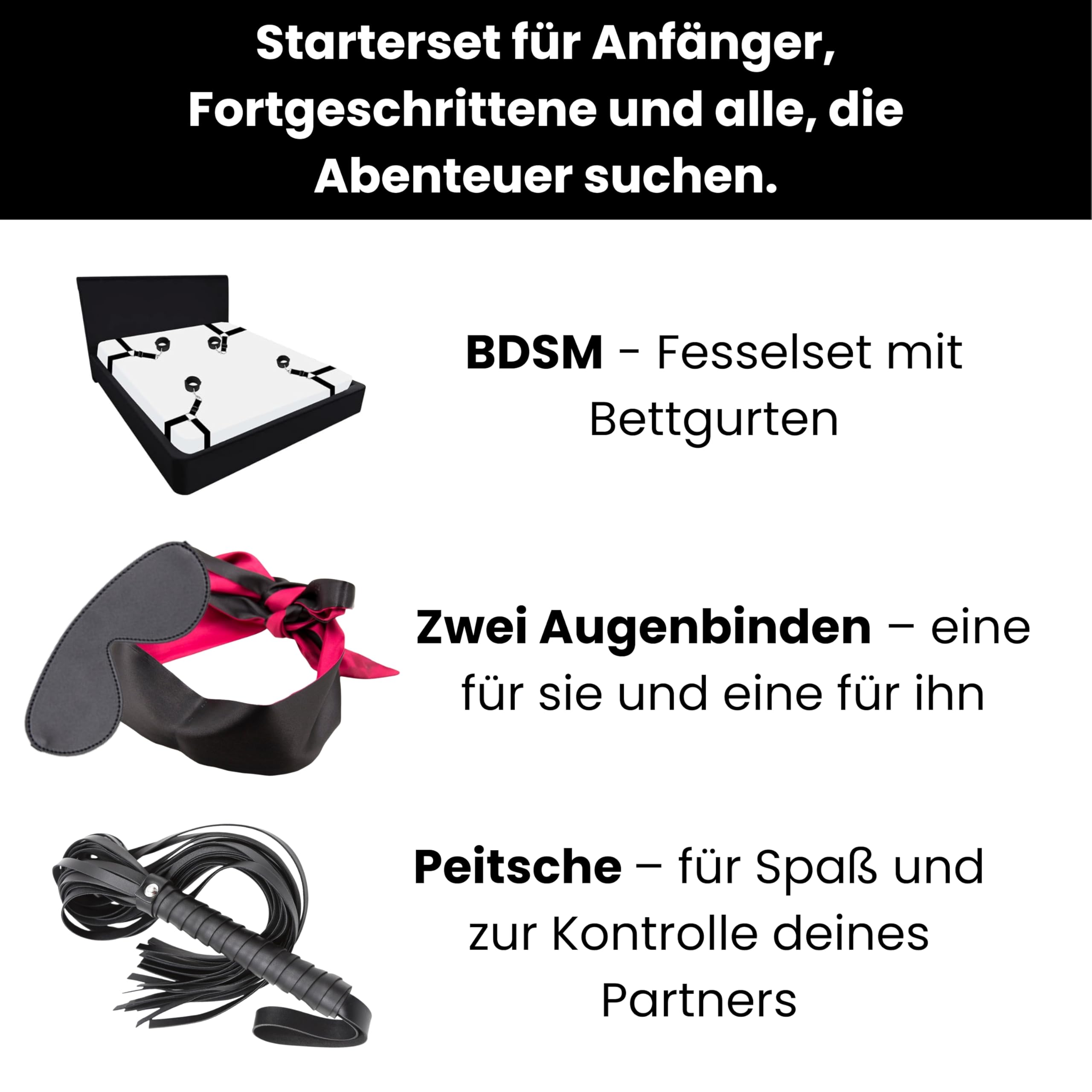 Ensemble FOPS Bondage pour lit Système d'attache réglable pour matelas jusqu'à 200x220cm incluant fouet en cuir de 70cm menottes entraves pour pieds bandeau en cuir & masque en satin Ensemble BDSM