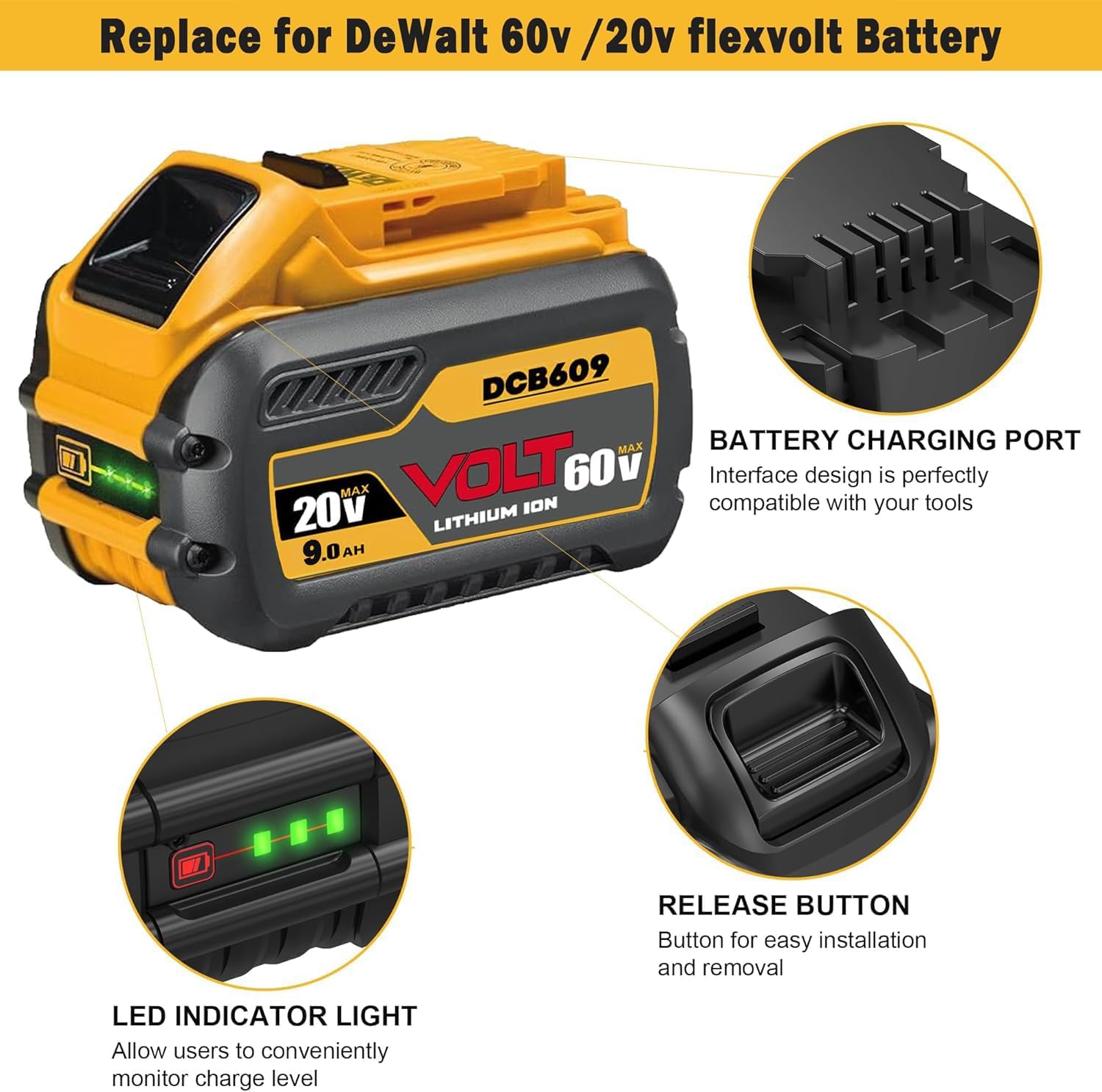 LONG FIT 2 Packs Replace for DeWalt 60V MAX Batteries DCB609 DCB612 DCB615 Batteries 9.0Ah Battery Compatible with Original 20V/60V Power Tools and Chargers - Image 4