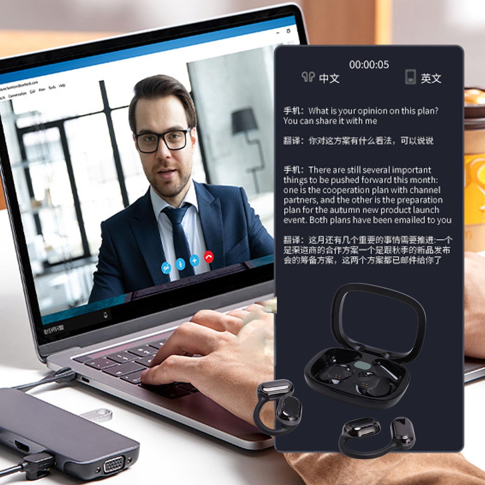 Tłumacz Słuchawki w Czasie Rzeczywistym, Tłumacz Języka na Wkładkach Dousznych, Urządzenie Tłumacze z Słuchawkami Aplikacji Bluetooth z obudową do ładowania Muzyki i Połączenia