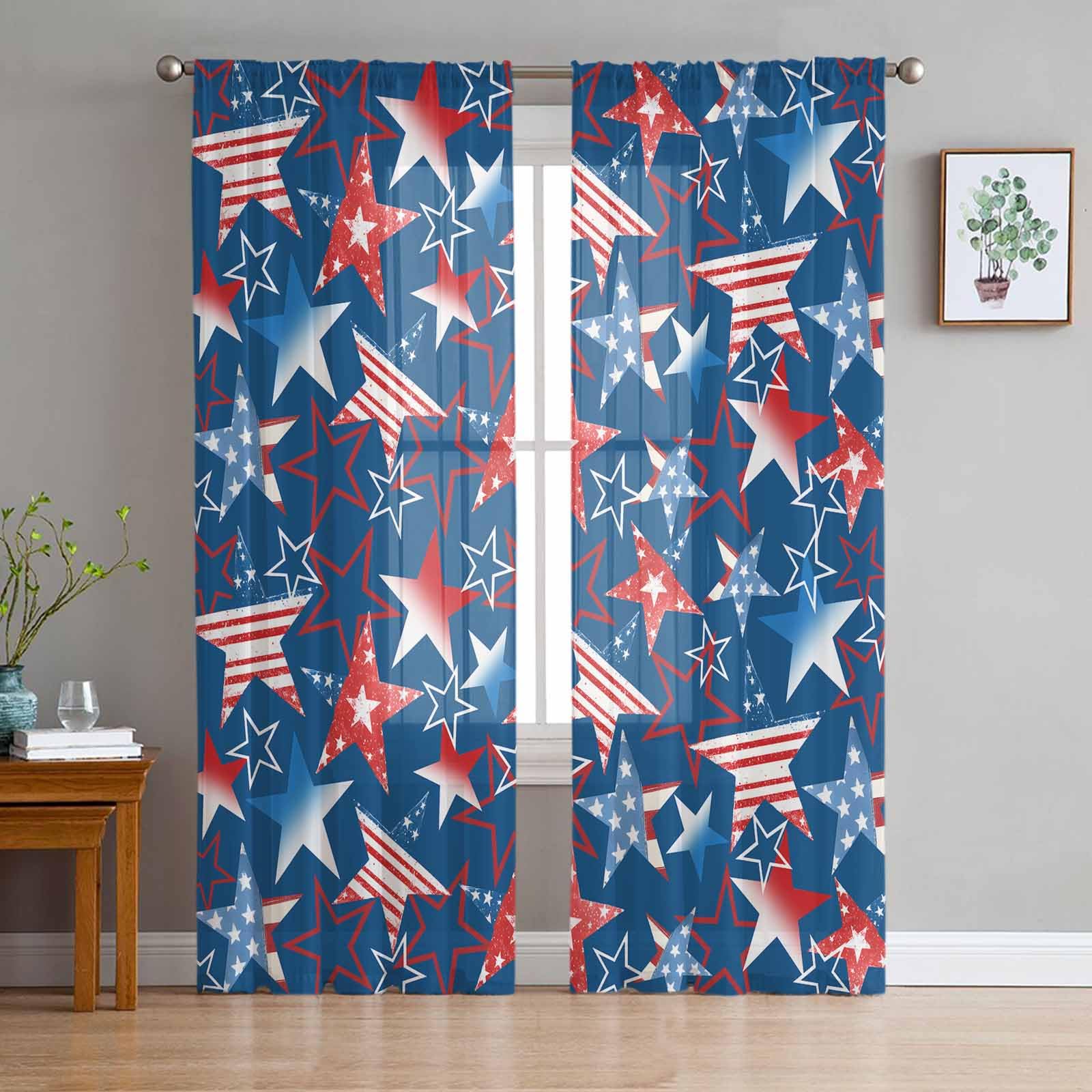 4th of July Sheer Curtains, USA Blue Red Ombre Stars Stripes Navy Chiffon Rod Pocket Drapes Light Filtering Semi Window Treatments for Living Room