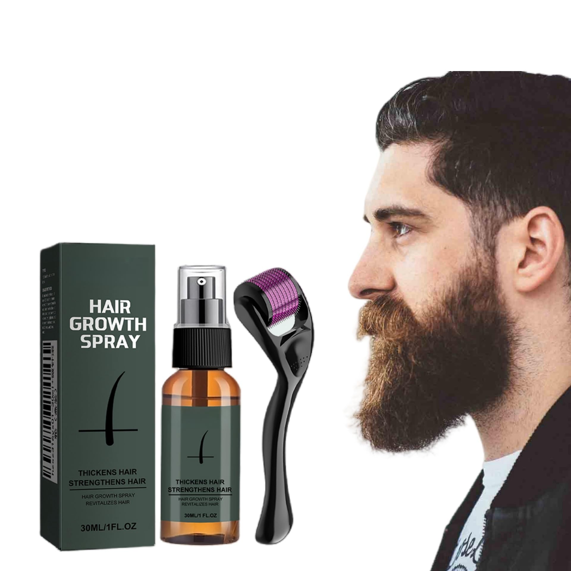 Beard Growth Spray Set 30ml with Beard Massage Roller, Promotes Beard Growth, Hair Growth Spray, Deep Moisturization, Thickens and Strengthens, Enhances Beard Softness, Fast-Absorbing Formula