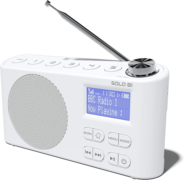DAB DAB+ FM Digital Radio, Bluetooth, Portable, Dual Alarm, Rechargeable Battery & Mains, AUX, Headphone, 60 Presets, Sleep timer (AZATOM Solo B1 White)