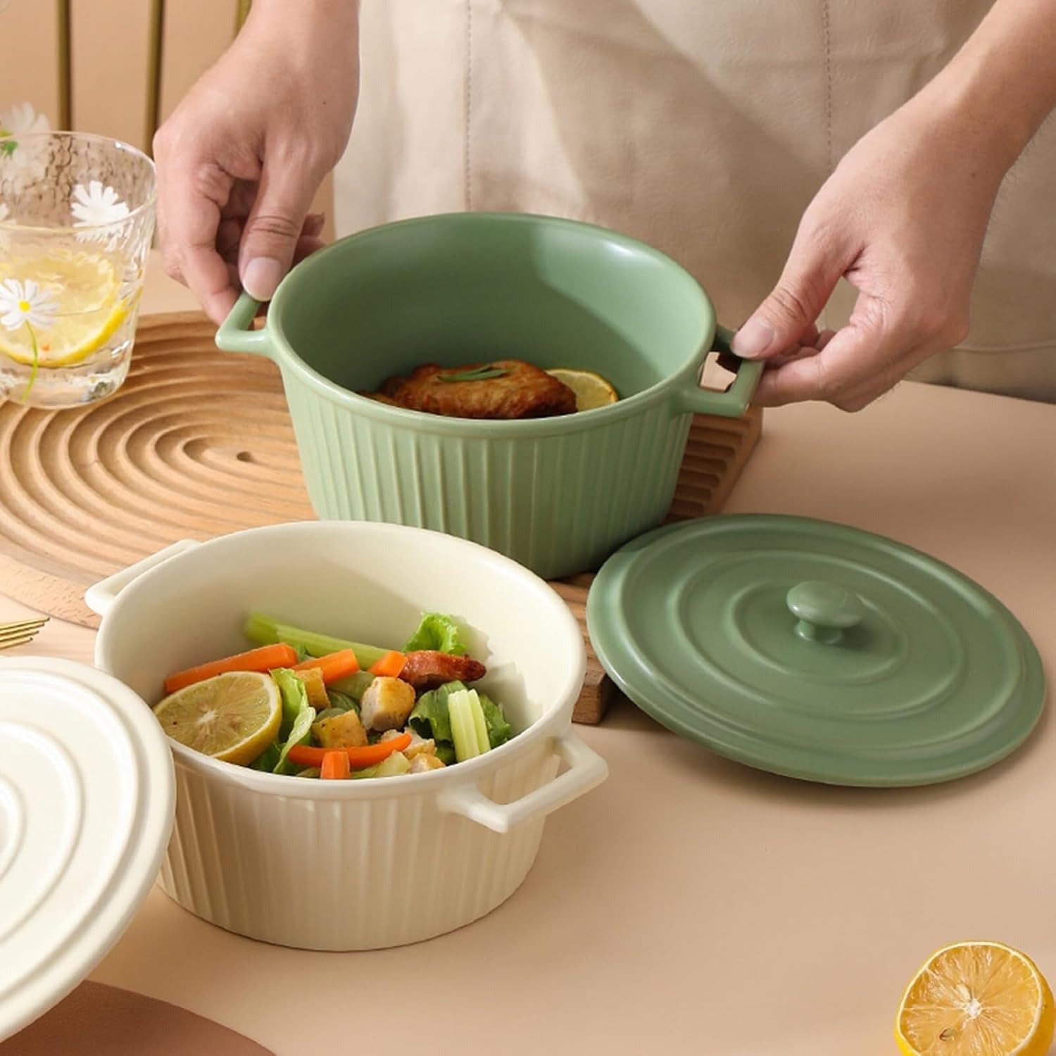 1.2L Round Soup Bowl with Lid, Ceramic Serving Soup Tureen with Handle Ceramic Bakeware with Lid for Home Kitchen Restaurant, Oven and Dishwasher Safe, Elegant Ceramic/Porcelain