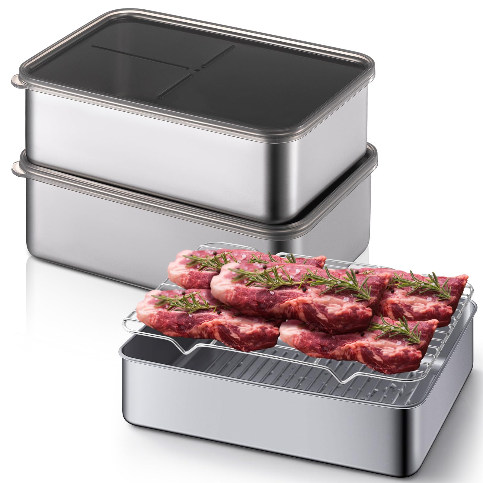 Hushee 3er-Set Behälter aus 304 Edelstahl für Kühlschrank, mit herausnehmbarer Ablaufschale, luftdichter Lebensmittelbehälter mit Deckel für Obst, Speck, Delikatessen, Fleisch, frische Aufbewahrung