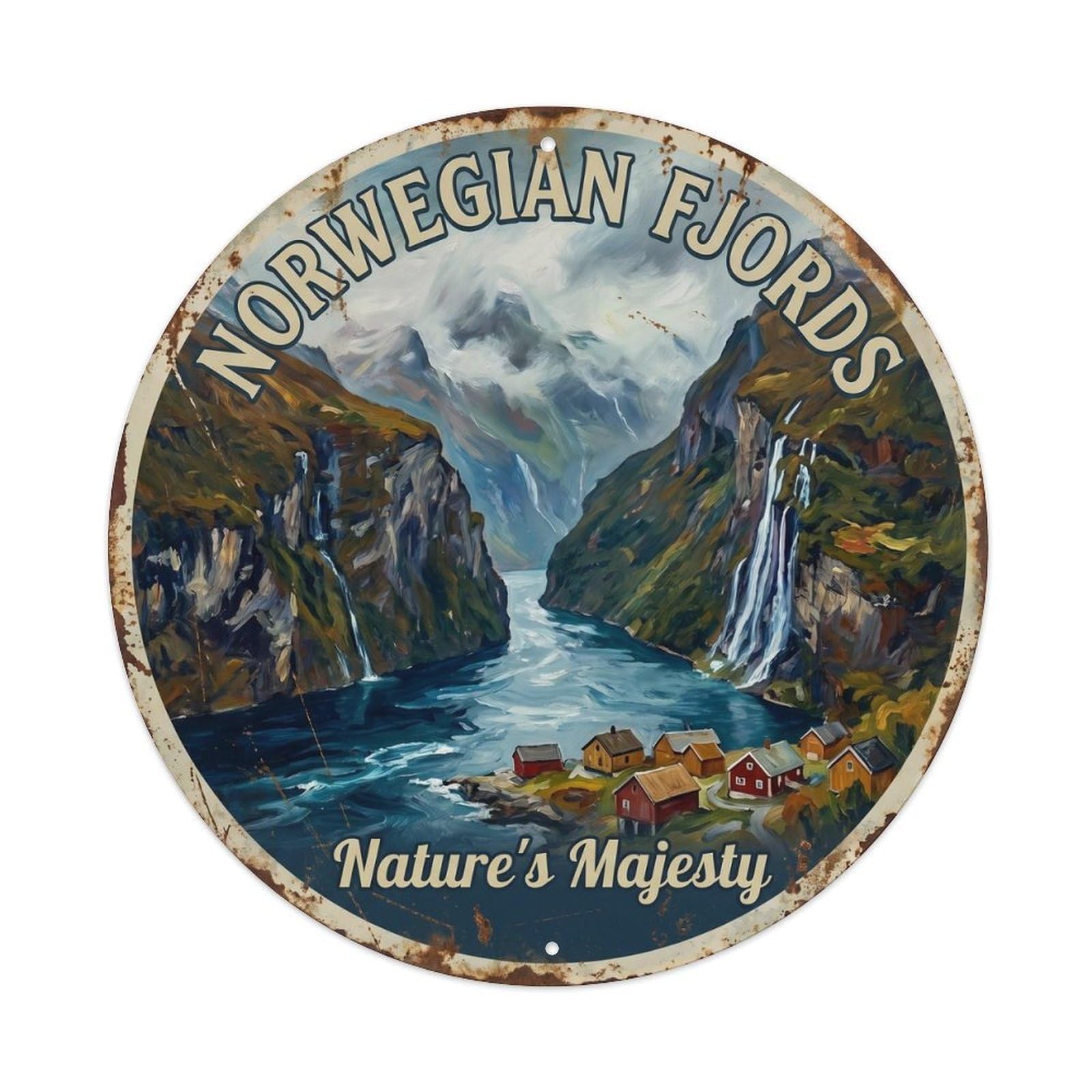 Vintage Travel Fjord Panorama Norway Metal Tin Sign Plaque Wall Decor for Cafe, Club, Garden Round Metal Poster 8x8Inch