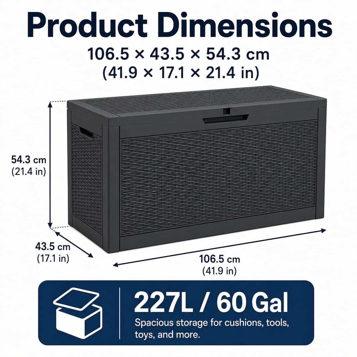 60 Galloni Baule da Esterno, Contenitore da Terrazzo in Resina 227L con Coperchio Bloccabile, Effetto Rattan Resistente all’Acqua per Cuscini, Attrezzi, Piscina, Giochi, Patio e Giardino