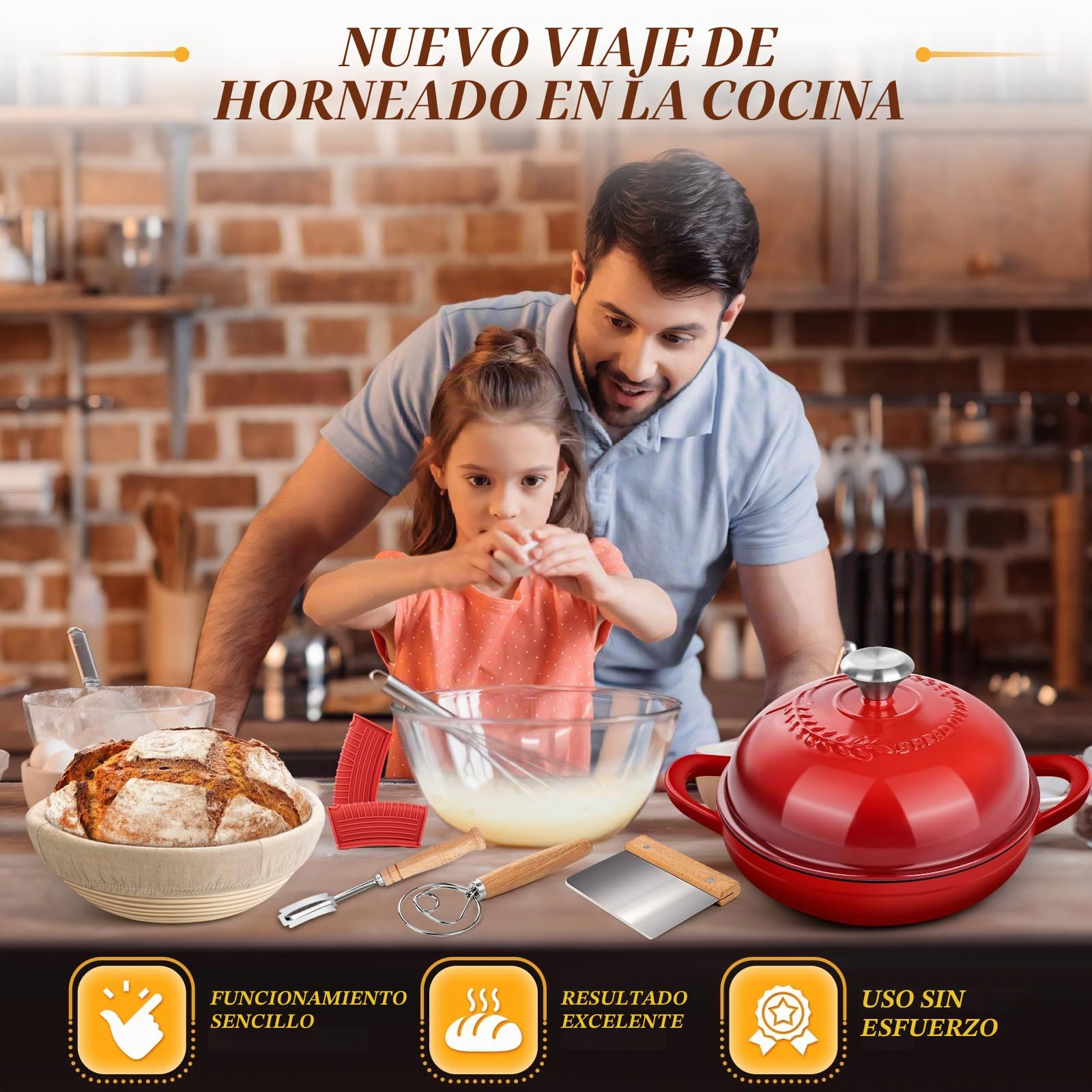 NZQXJXZ Olla de Hierro Fundido, 26cm Cacerola Holandesa de Esmaltado con Tapa, Olla Holandesa para Cocina Casera Hornear con Banetones para Pan