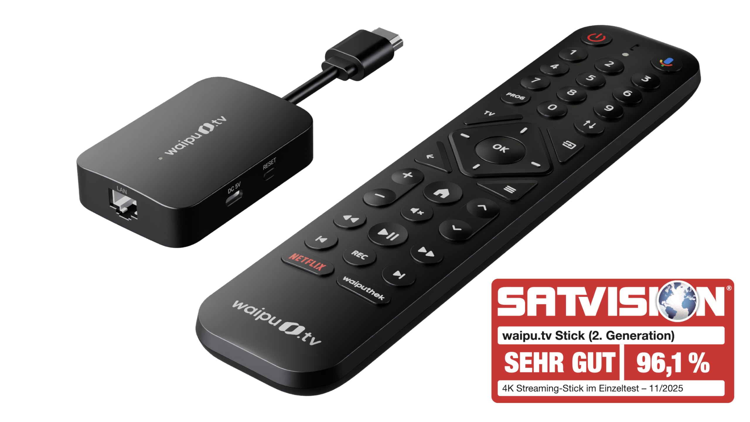waipu.tv Stick 2. Generation Fernbedienung mit Beleuchtung Fernsehen WLAN LAN HDMI 4K HDR10+ Dolby Atmos Voucher 3 Monate 300 TV-Sender 40.000 Filme Serien