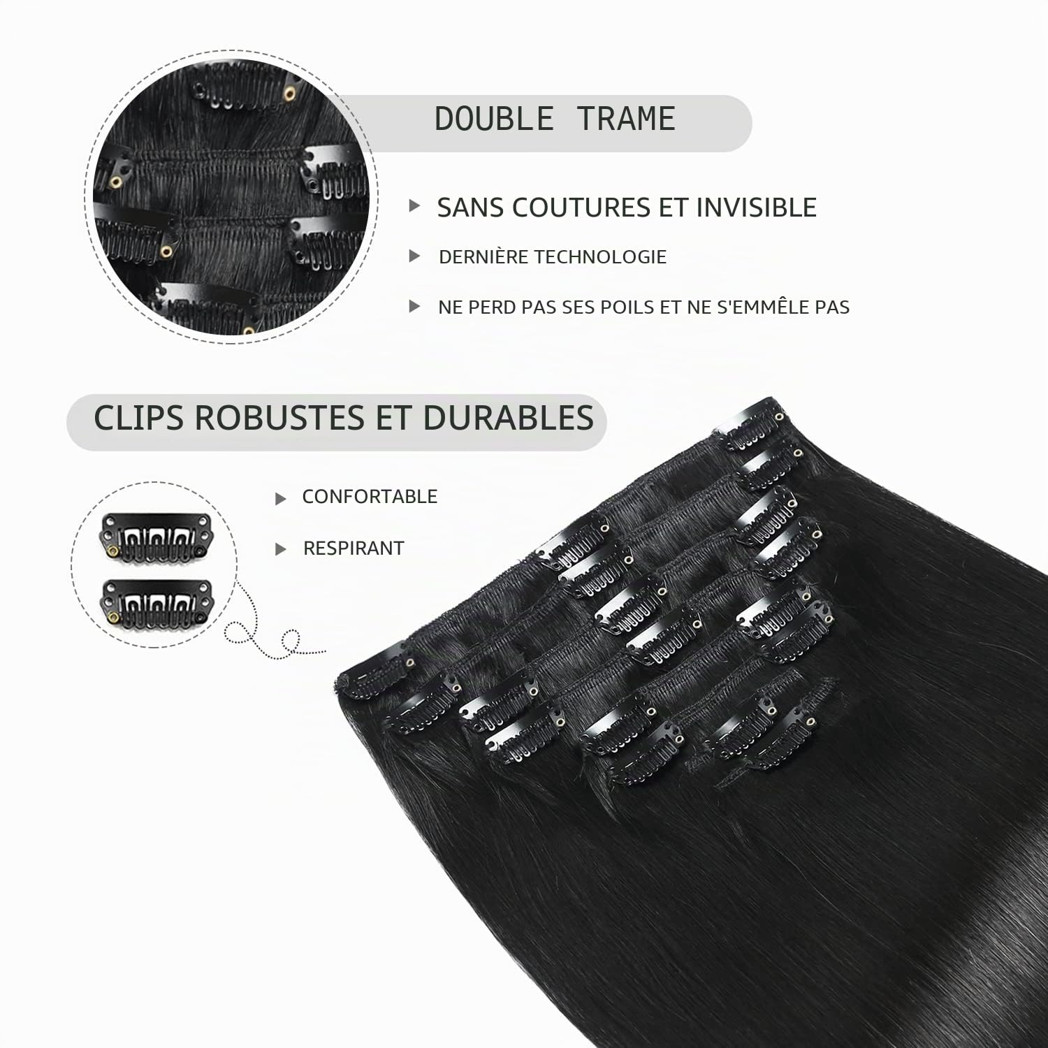 YILITE Extension a Clip Cheveux Naturel 40cm 120g 8pcs Extension Cheveux Naturel Clip Cheveux Humains Remy Extensions Cheveux Naturels Extensions de Cheveux à Clips (16 Pouces #1 Noir Fonce)