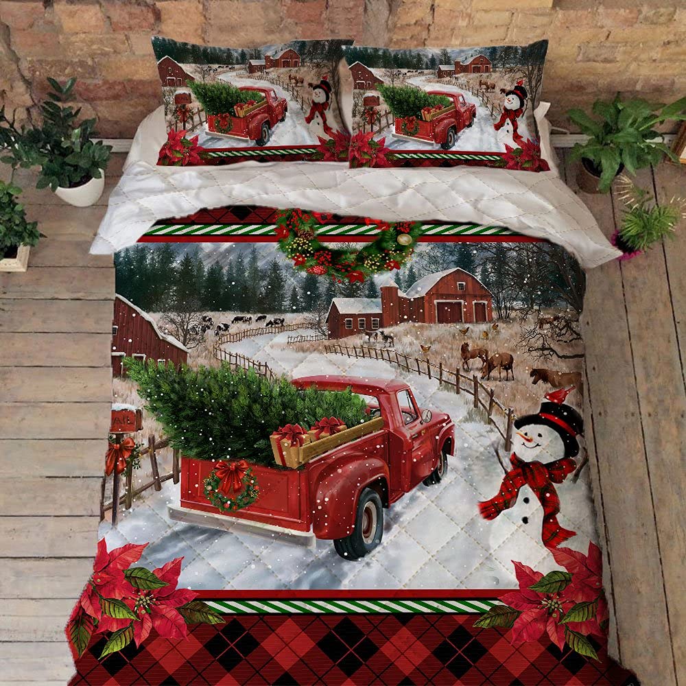 Christmas Decorations for Home for Women, Men, Kids - Snowman Pattern Christmas Bedding - Red Truck Bedroom Decor for Christmas Holiday - King Size Quilt Bedding Set & Pillow Covers