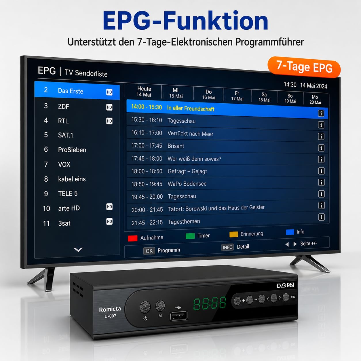 Romicta HD Satelliten Receiver DVB-S/S2 PVR EPG SCART USB Mediaplayer HDTV YouTube Schwarz