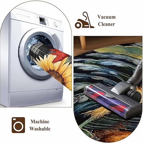 Miniatura 8 de 2x6 Kitchen Runner Rug, Sunflower Rooster Non-Skid Rubber Backing Large Rectangle Rugs - Living Room Bedroom Home Office, Retro Plaid Summer Flower