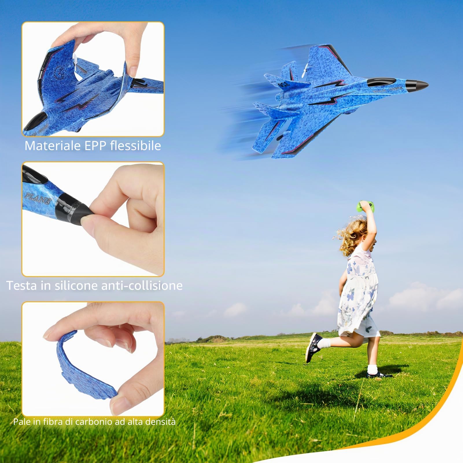 Aereo RC 2.4 GHz telecomandato, 2CH Rc Aereo RTF per principianti, aereo F con luce LED F aereo giocattolo aereo con aereo per principianti bambini adulti (blu)