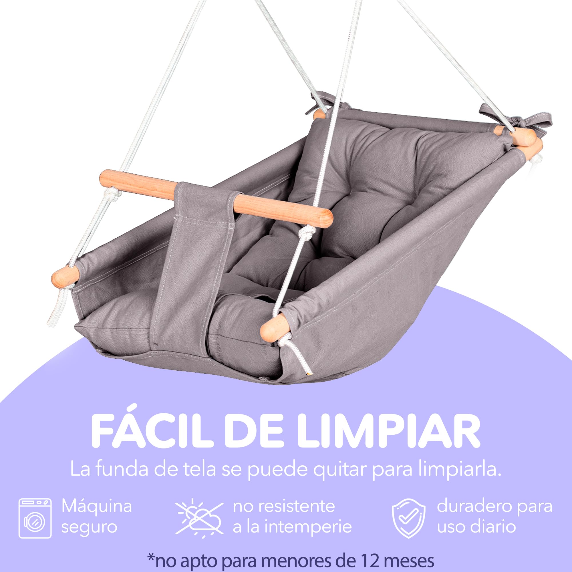 Columpio de Lona Baby by Cateam - Gris - Silla Columpio de Madera para bebé con cinturón de Seguridad y herrajes de Montaje. Bebé Hamaca Silla Regalo de cumpleaños.