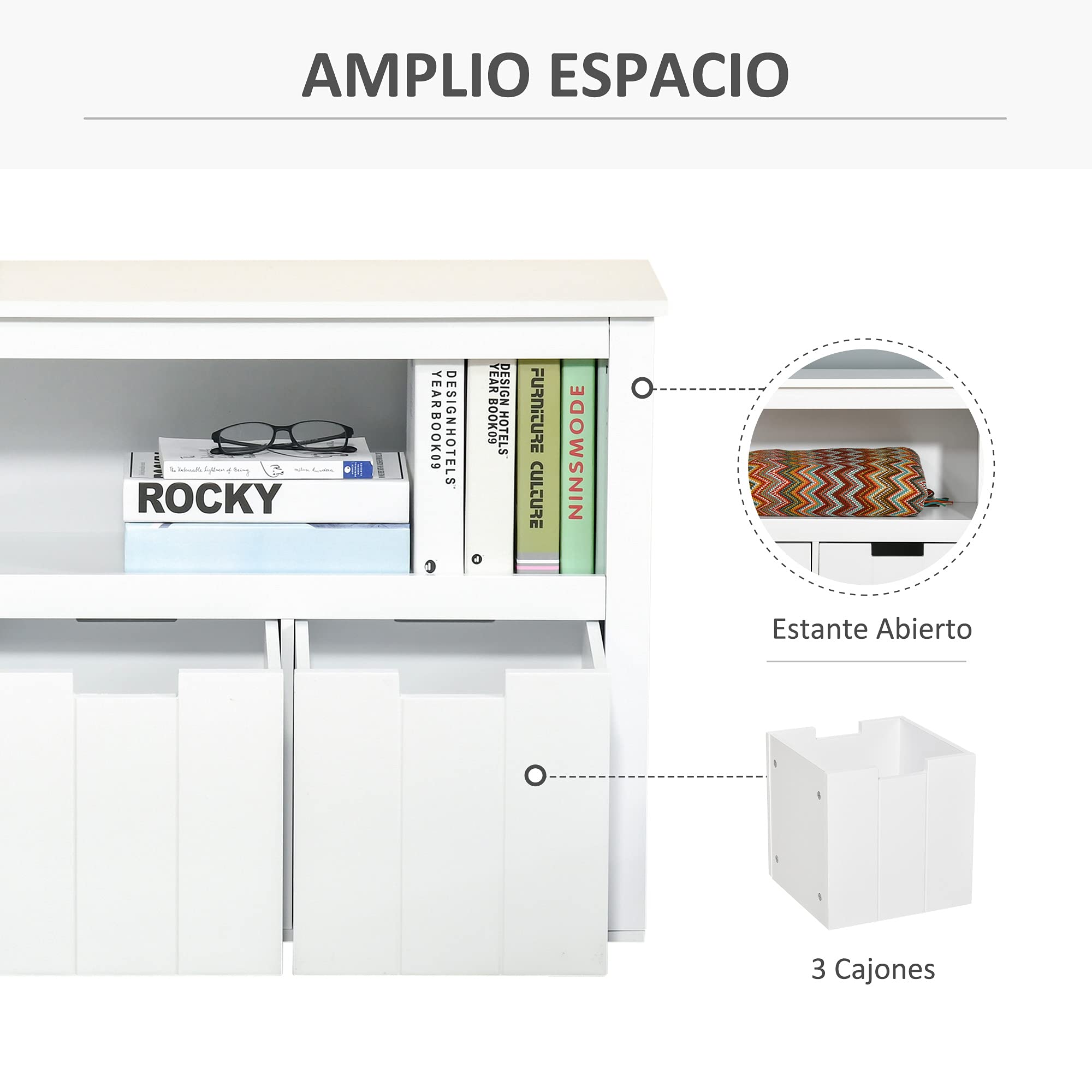 HOMCOM Aparador de Salón con 3 Cajones Extraíbles 102x33x61,5 cm Blanco | Estantes Abiertos, para Libros Juguetes, Armario Auxiliar de Almacenamiento, para Dormitorio Cocina