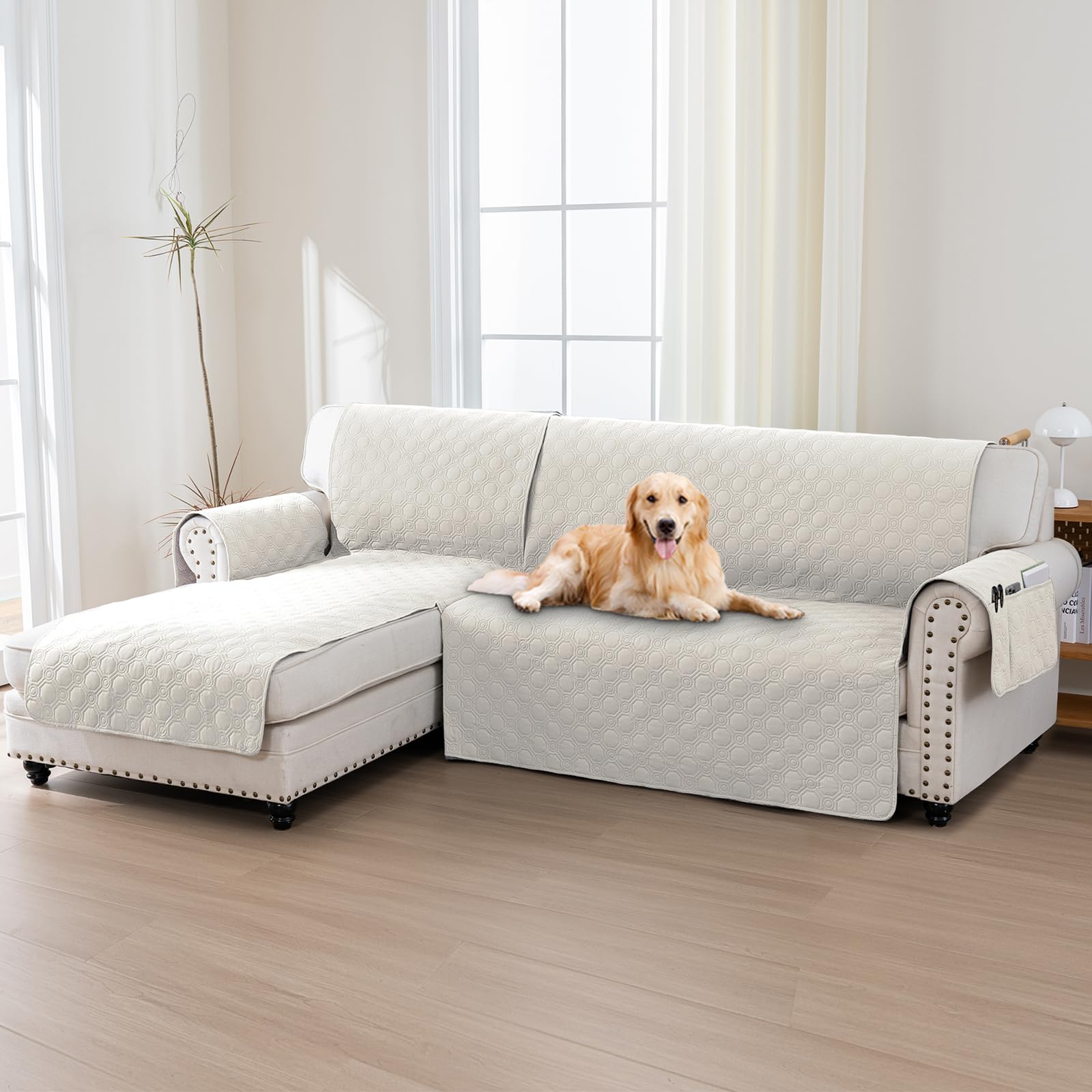 H.Versailtex 100% Waterproof Sofa Slipcovers for Sectional Sofa 2-Piece Corner Sofa Cover Sectional Couch Cover L Shaped, Seat Width 247CM (Left Chaise Lounge Cover+3 Seat Sofa Cover, Beige)
