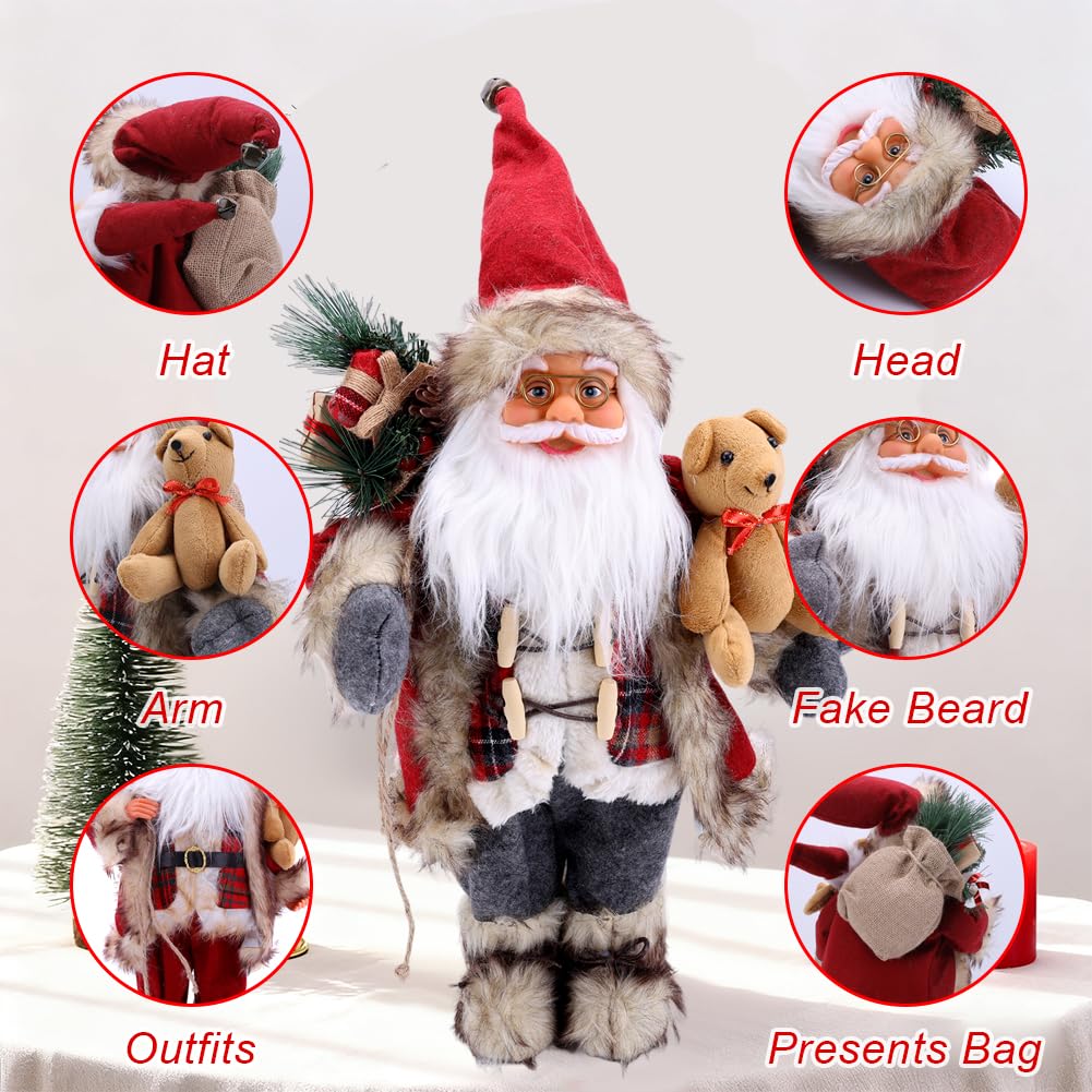 Grande décoration de Père Noël debout - Figurine de Noël debout - Décoration de Noël d'intérieur - Fausse fourrure - Figurine de Père Noël debout traditionnelle pour table de vacances - 45,7 cm