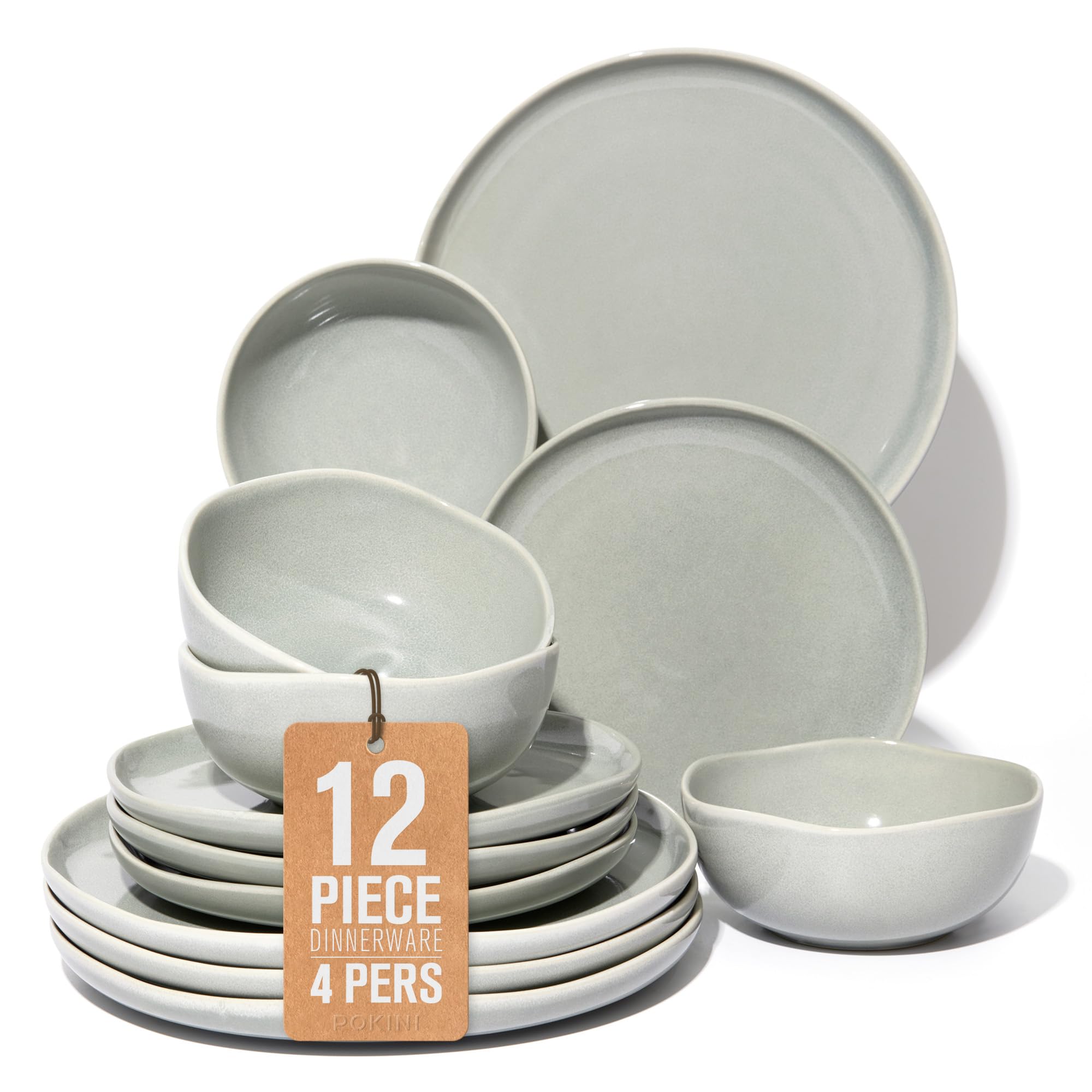 Pokini Stoneware Dinnerware Sets for 4, 12Pcs Ceramic Plates and Bowls Sets