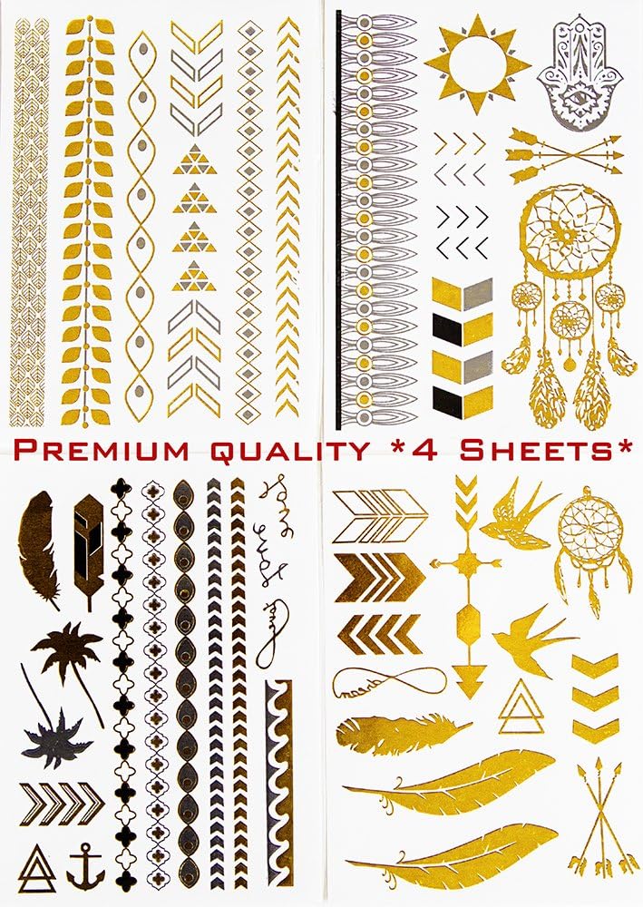 Metallic Temporary Tattoo Jewelry Gold Silver and Black 4 Sheets Feather-anchor-dreamcatcher-bird
