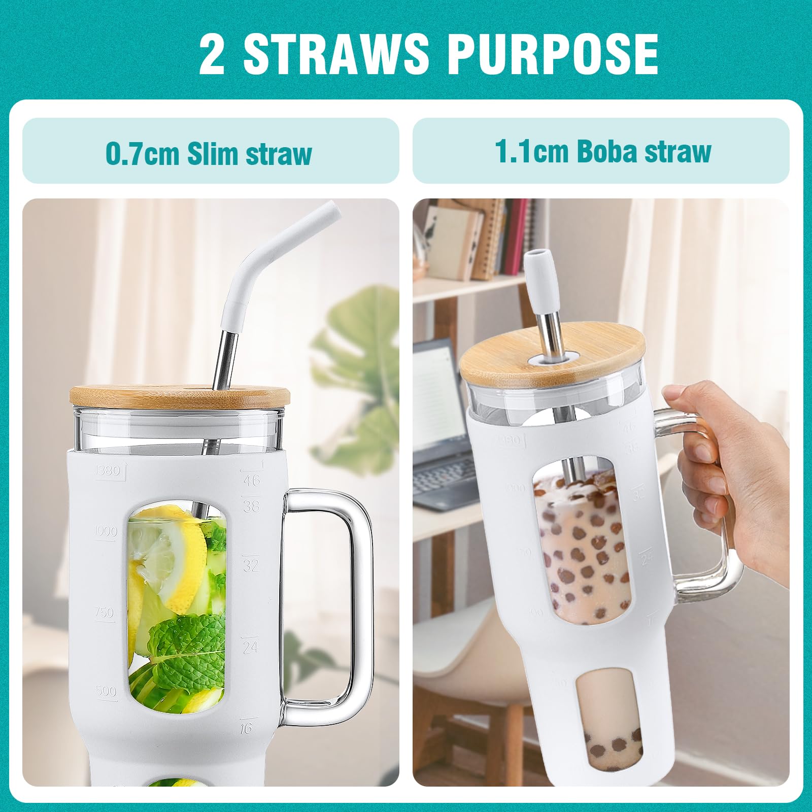 BLUEGO Glass Tumbler with Lid and Straw, 1400ml Iced Coffee Cup with Handle, Borosilicate Water Bottles with Silicone Sleeve - Image 3