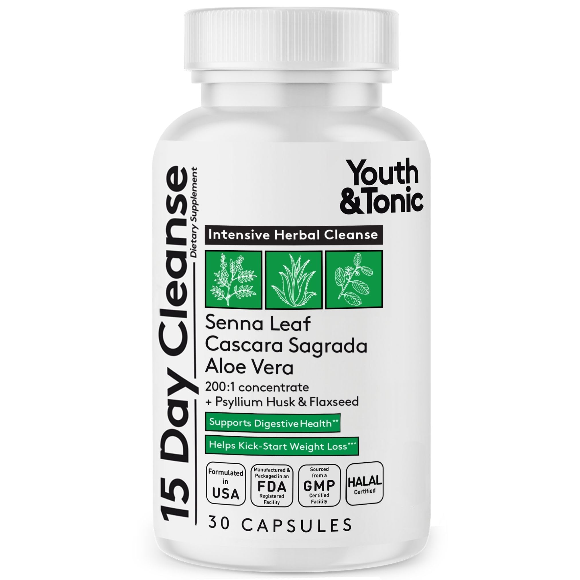 Youth & Tonic 15 Day Cleanse – Colon & Gut Cleanse Detox Reset for Plateaus, Belly Bloating & Regularity, Digestive Health – for Women & Men, 30 Pills