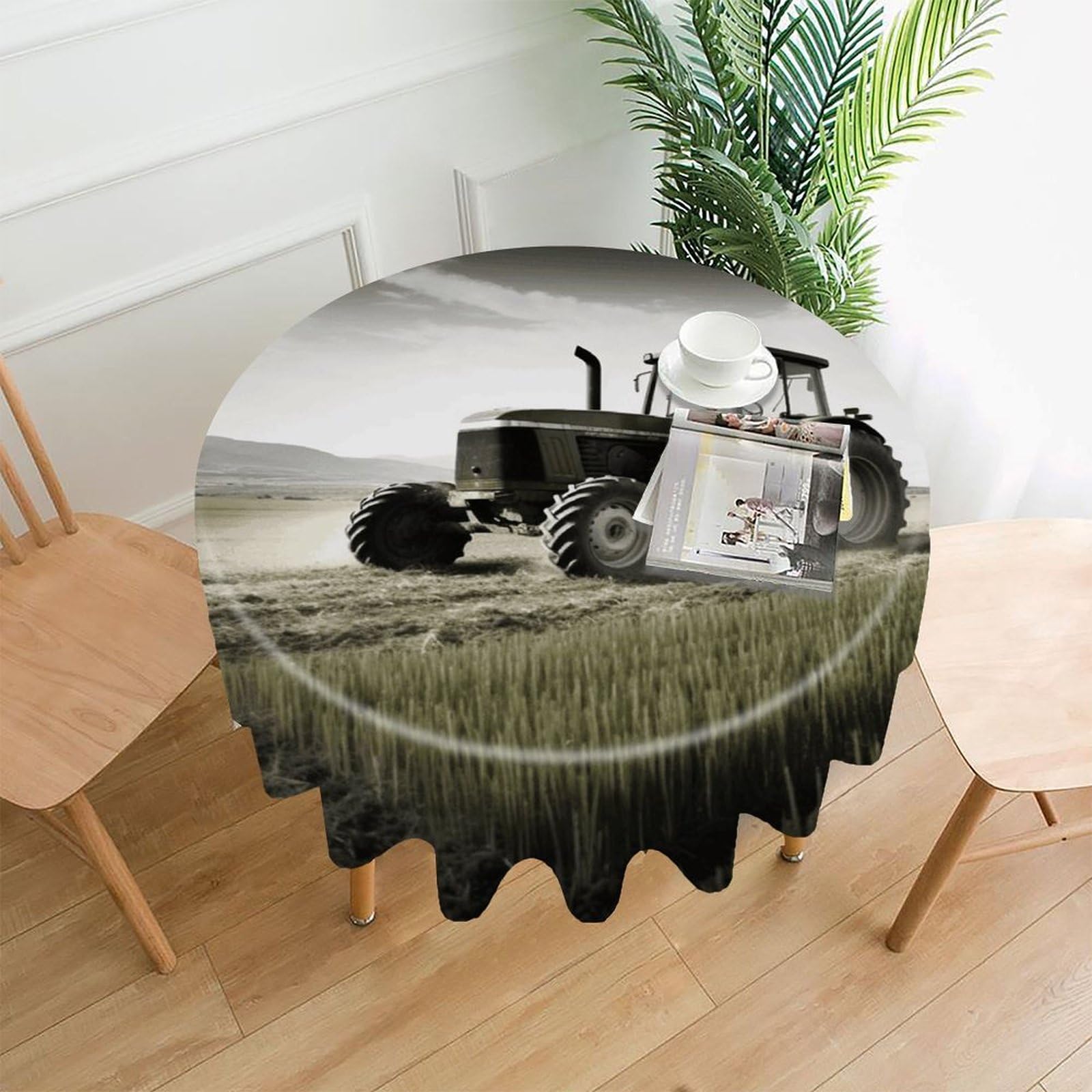 FodPand Tractor Agriculture Tranquil Round Tablecloth - 60 Inch Premium Polyester Table Cloth, Fashion Wrinkle Resistant Decorative Table Cover for Dining Kitchen Party Buffet Tables