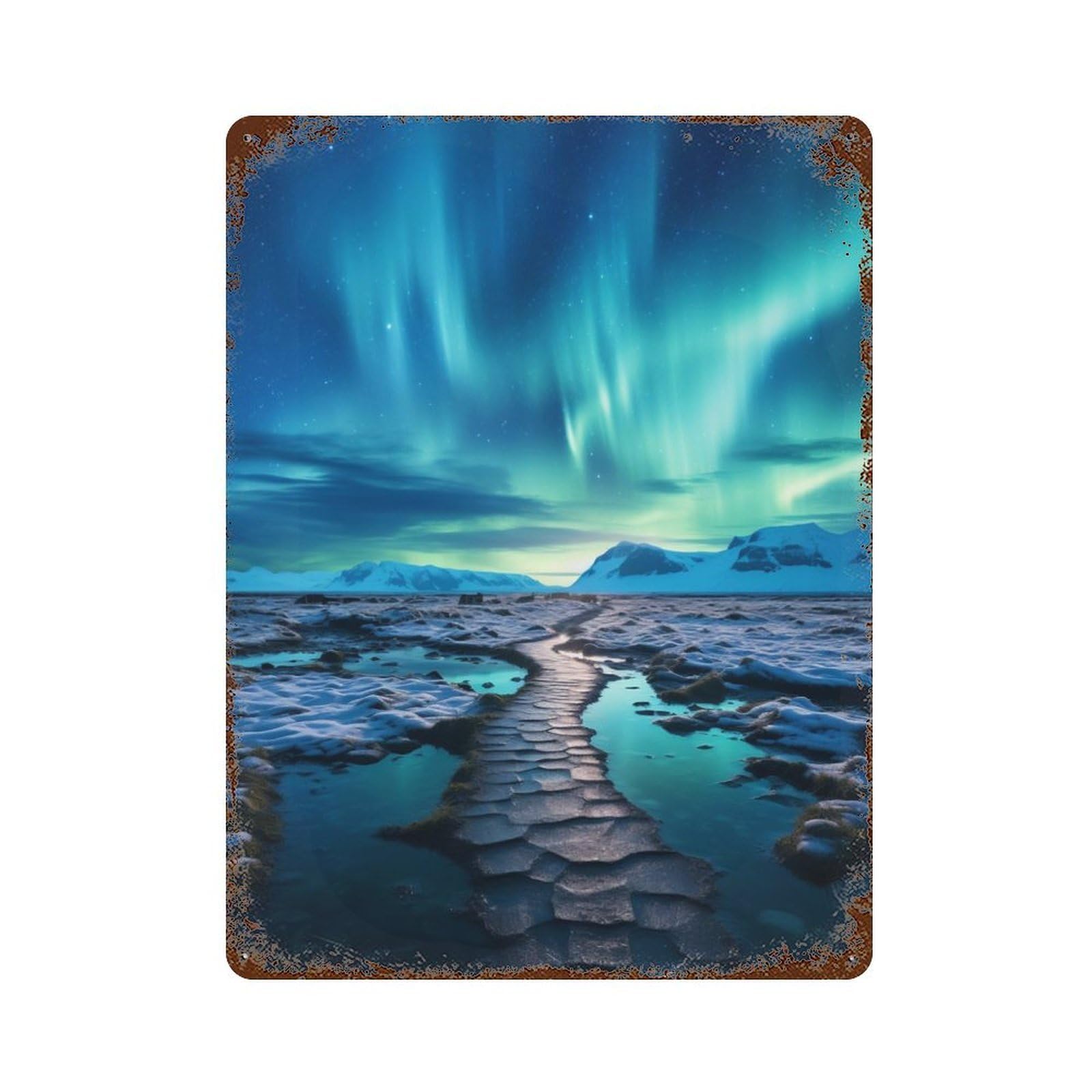 Blue Northern Lights Lake Rustic Tin Plaque 15.7"x11.8", Ideal for Shed, Workshop And Garage Wall Decor