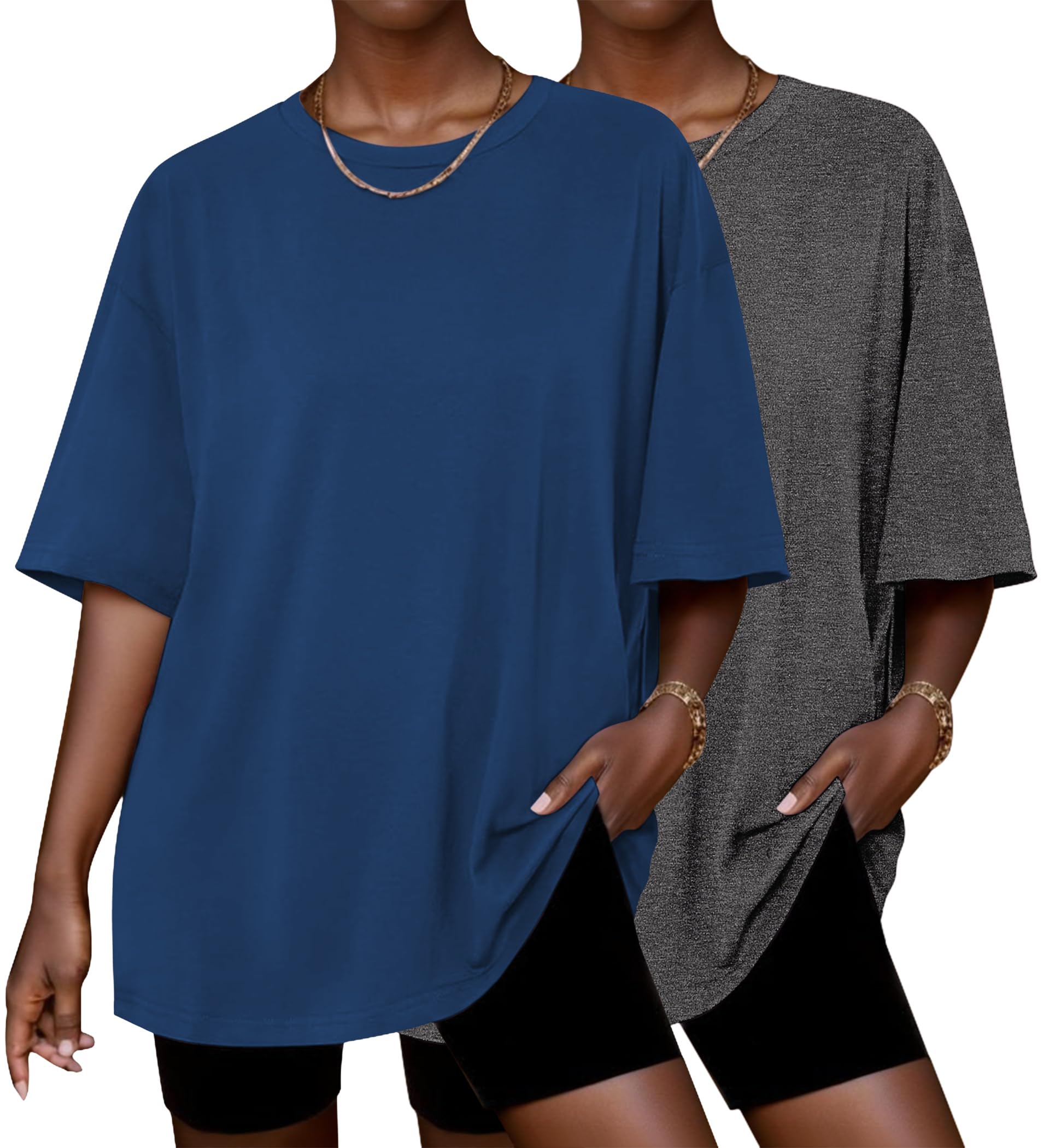 Ekouaer 2 Pack T Shirt Damen Oversize Sommer Top Rundhals Tshirt Lockere Basic Tops Kurzarm Oberteile Casual Bluse