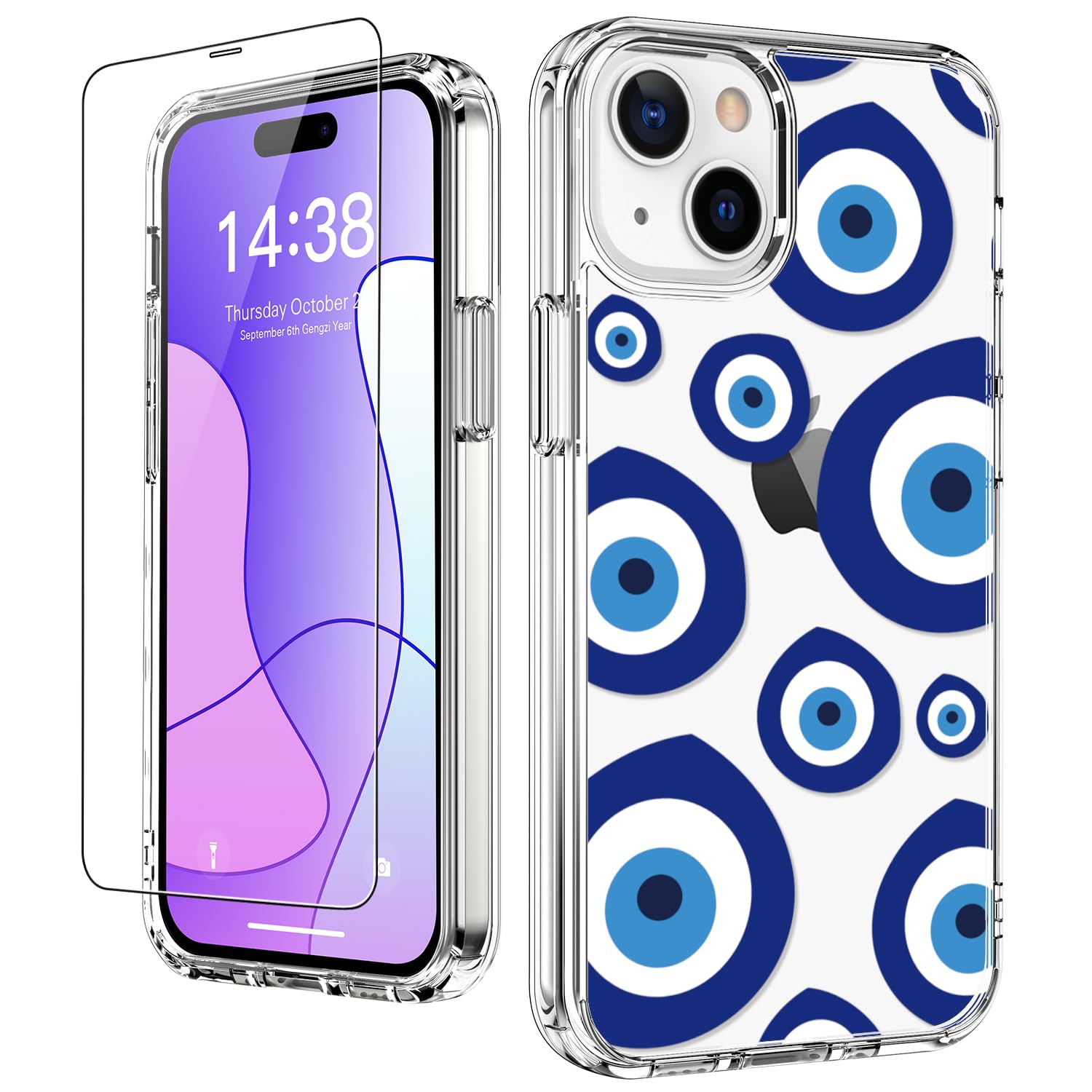LUHOURI for iPhone 15 Case with Screen Protector - Crystal Clear Cover Fashionable Designs Women and Girls Slim Fit Protective Phone 6.1/'',Blue Circles, LU-i15-6.1/''-Clear-L83