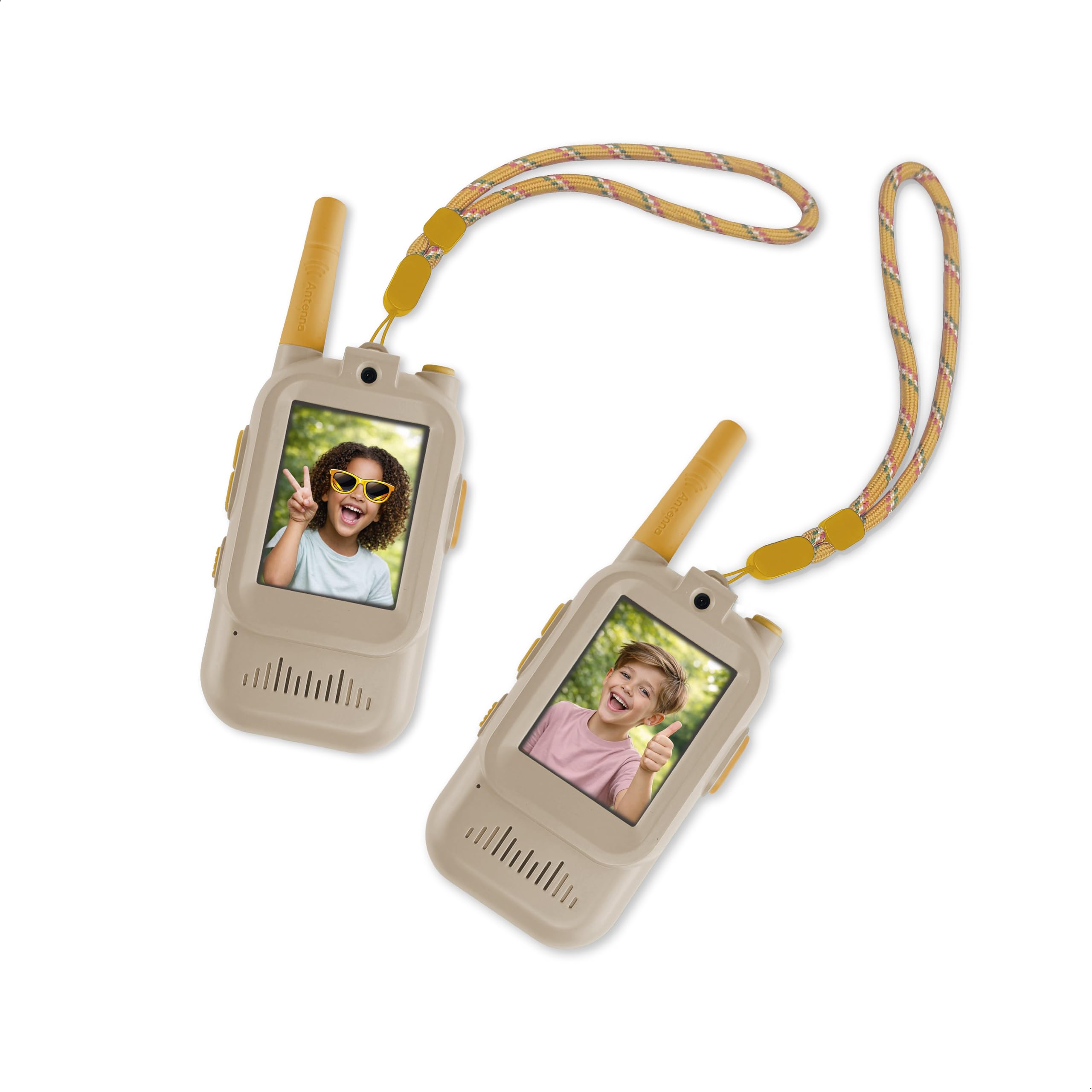 ZAZU Walkie talkie video per bambini con fotocamera, set da 2, portata 300 m, schermo da 2,0", ricaricabile tramite USB, 5 effetti vocali e 16 filtri, radio con video per interni ed esterni (beige)