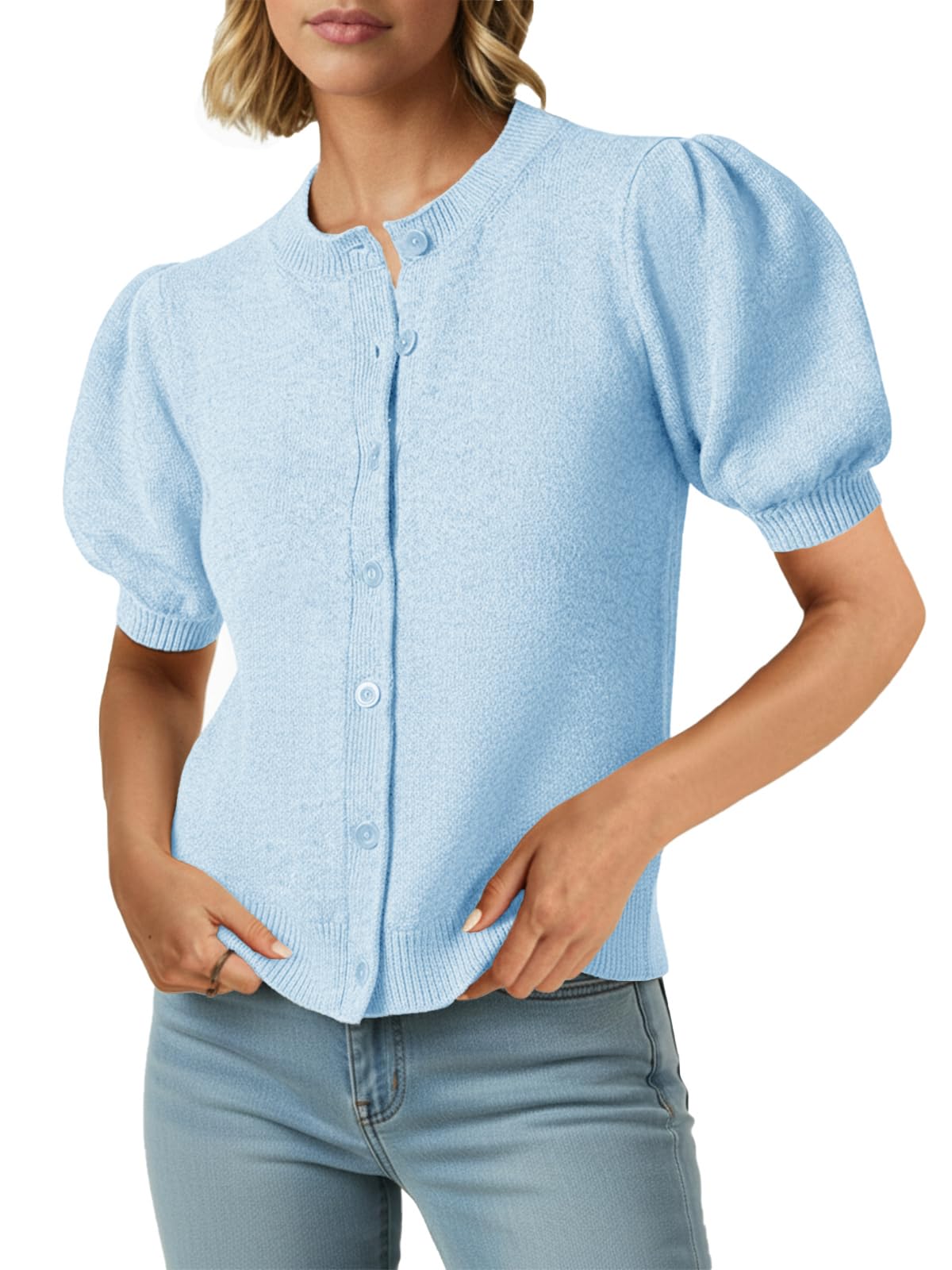 saodimallsu Womens Puff Short Sleeve Cardigans Casual Summer Button Down Lightweight Knit Crew Neck Sweater Tops-picture-17