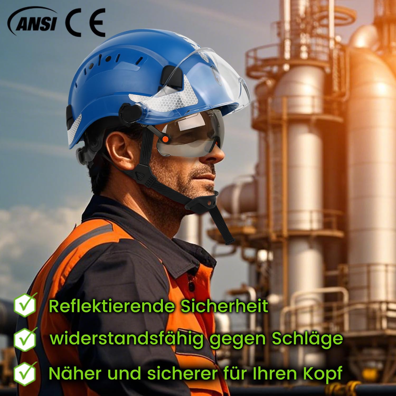GREEN DEVIL Casco protettivo industriale certificato EN397 & EN166 con visiera colorata + trasparente, casco di sicurezza con doppia visiera per costruzione, artigianato e industriale, casco di
